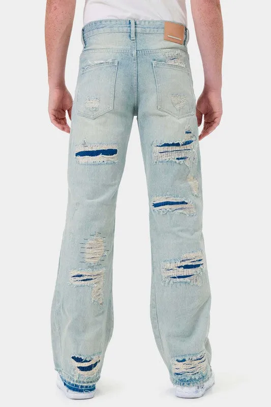 Light Stone Heavy Destroyed Relaxed Flare Denim