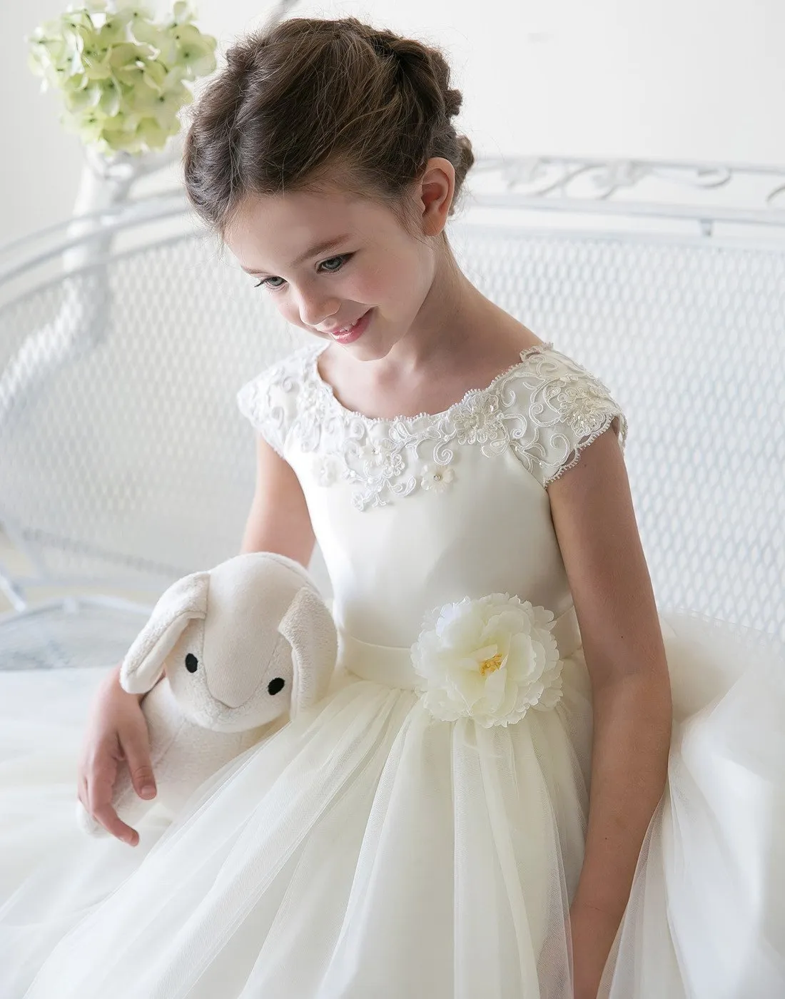 Lustrous Satin and Tulle Dress with Crochet Trim and Flower - Ivory