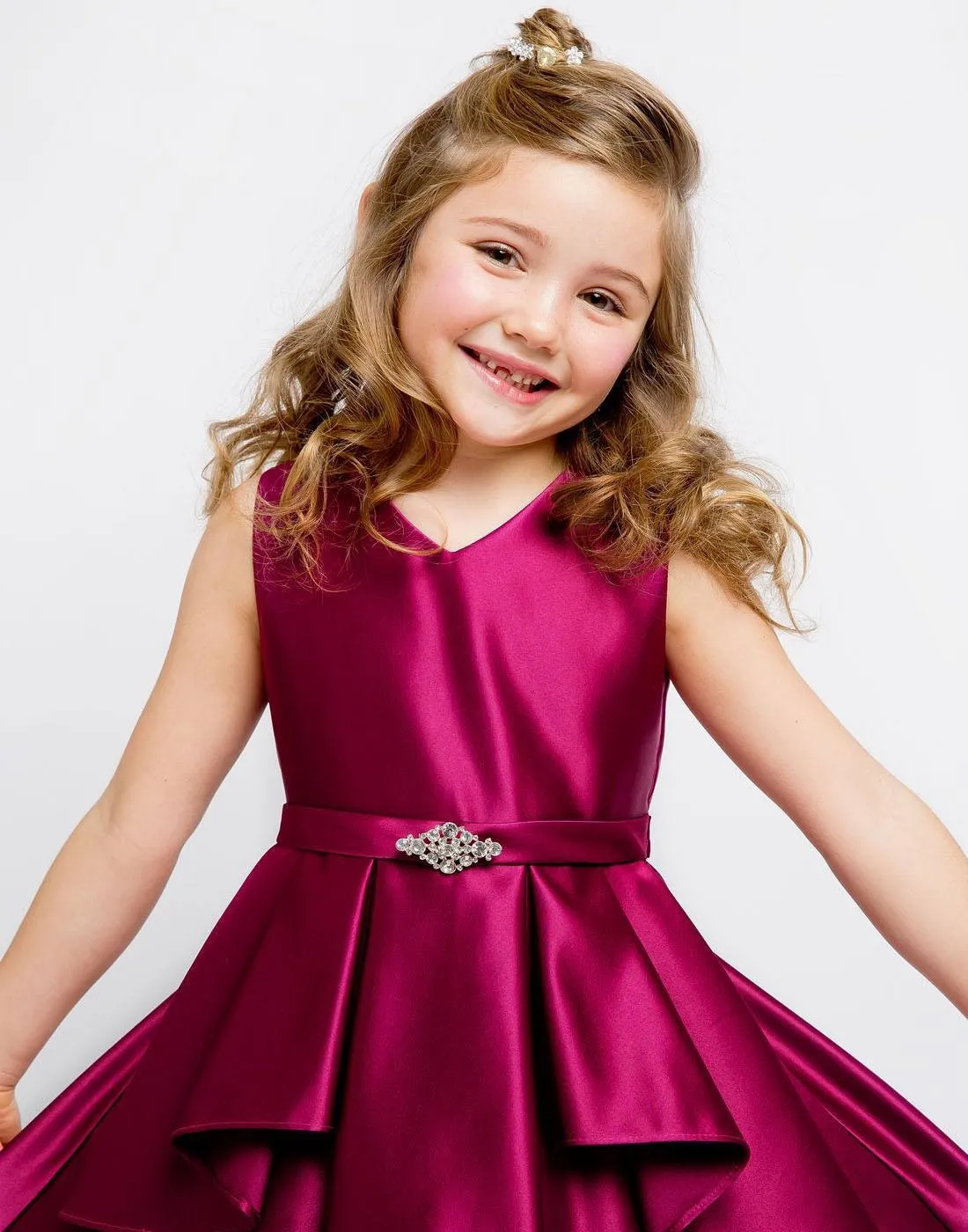 Lustrous Satin Layered Dress with a Rhinestone Brooch - Fuchsia