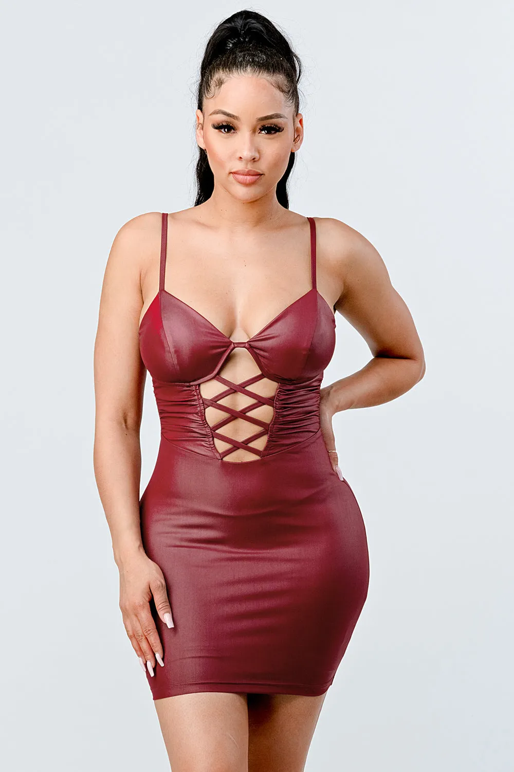 LUX COATING CRISS CROSS BODYCON MINI DRESS