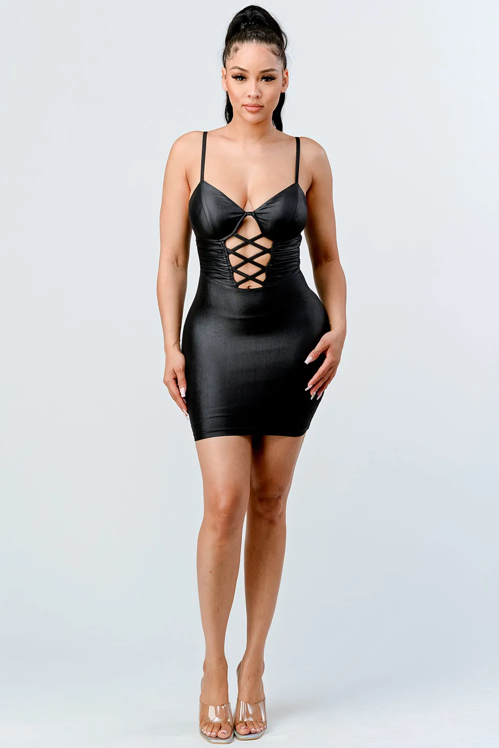 LUX COATING CRISS CROSS BODYCON MINI DRESS