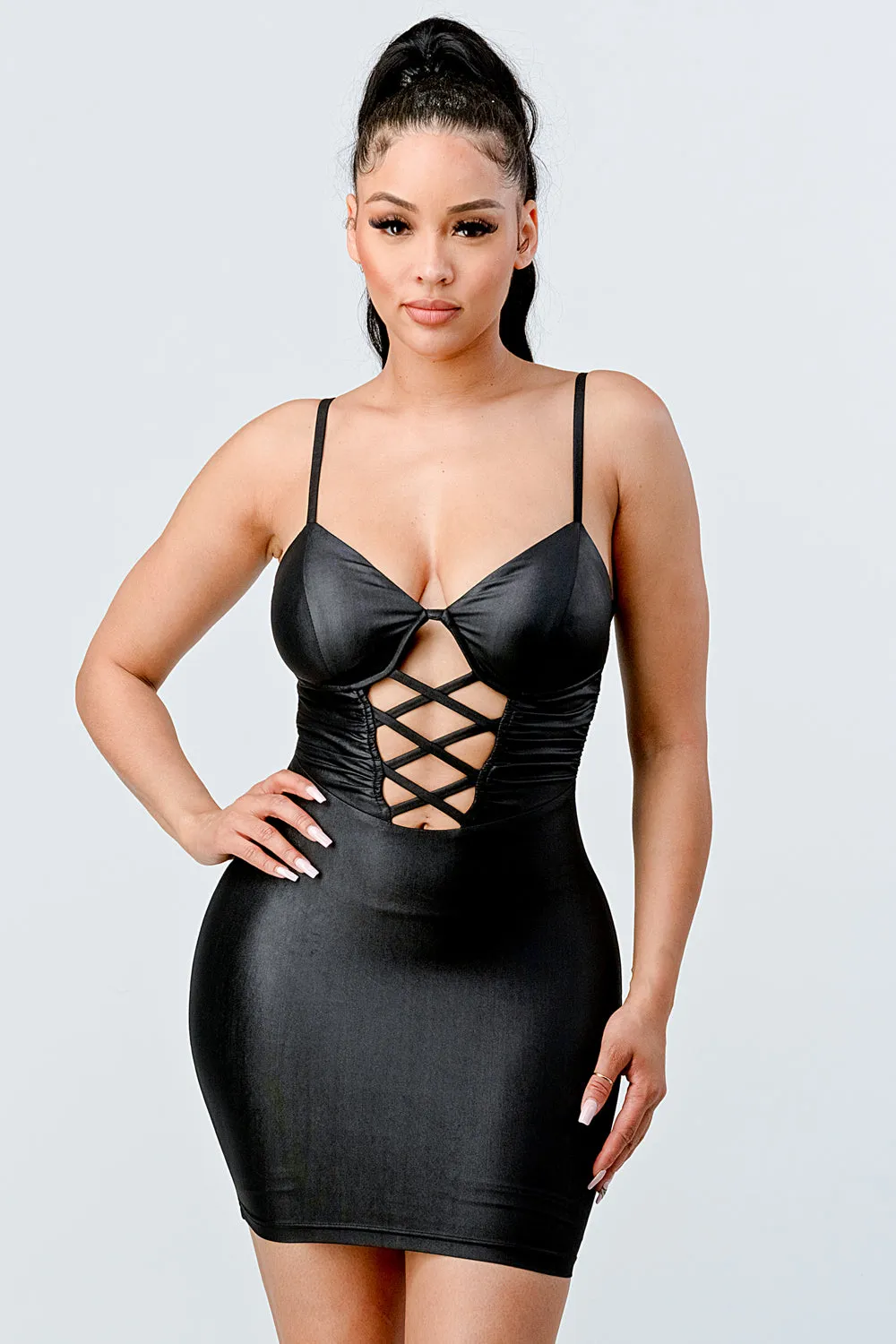 LUX COATING CRISS CROSS BODYCON MINI DRESS