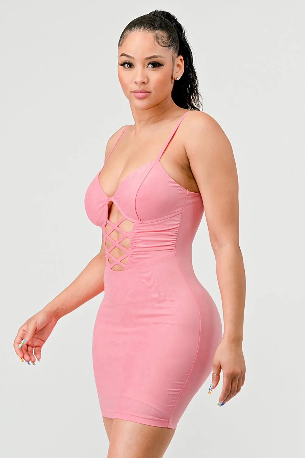 LUX COATING CRISS CROSS BODYCON MINI DRESS