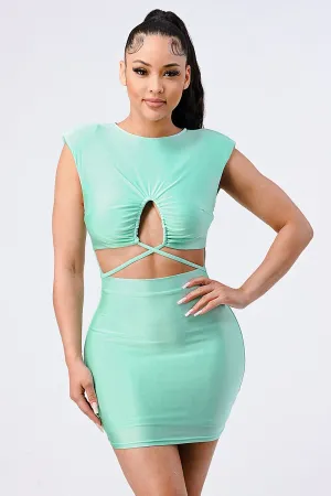 LUX HEAVY CRYSTAL DRAWSTRING WAIST BODYCON DRESS