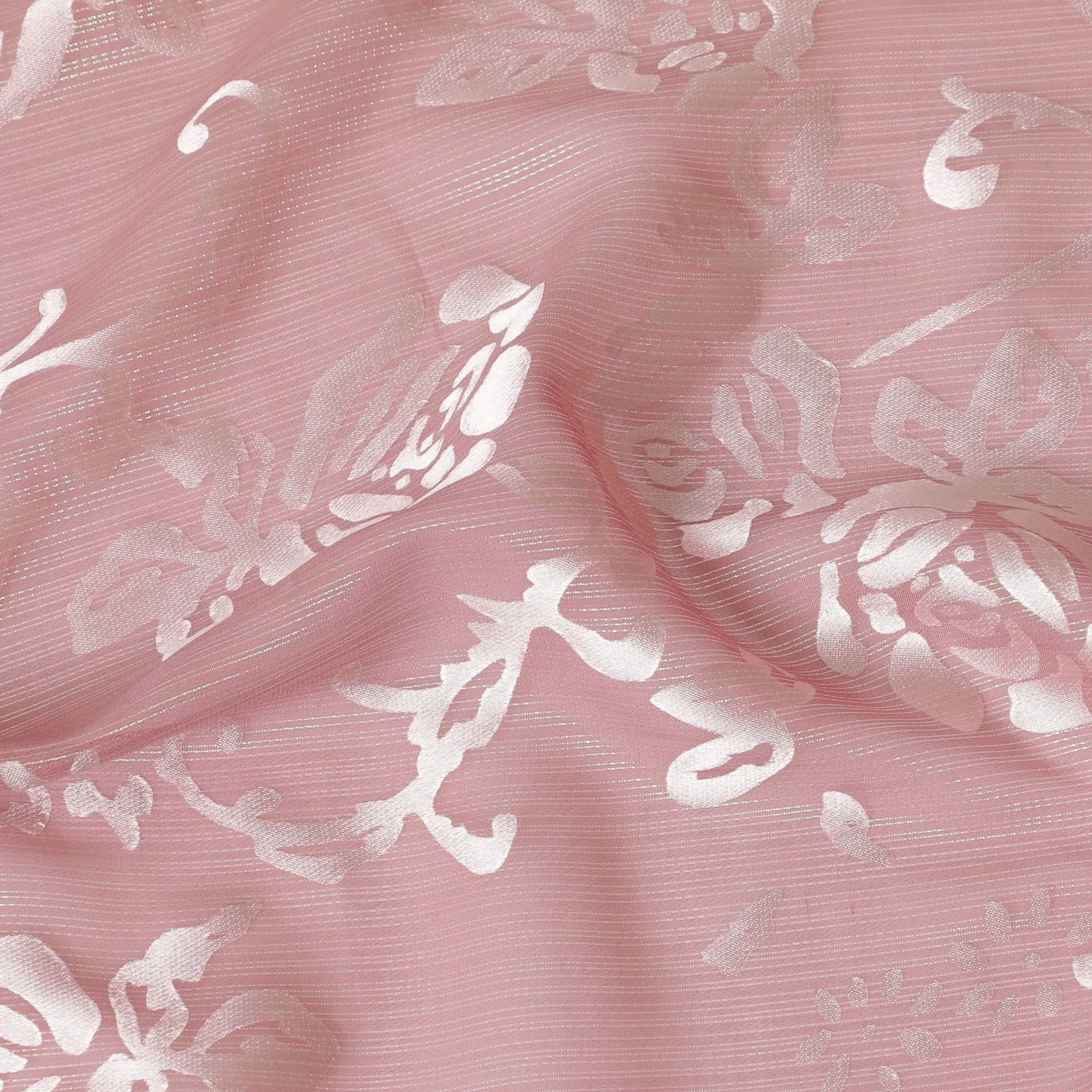 Magenta pink Premim pure silk chiffon fabric with silver jacquard in floral design-D15330