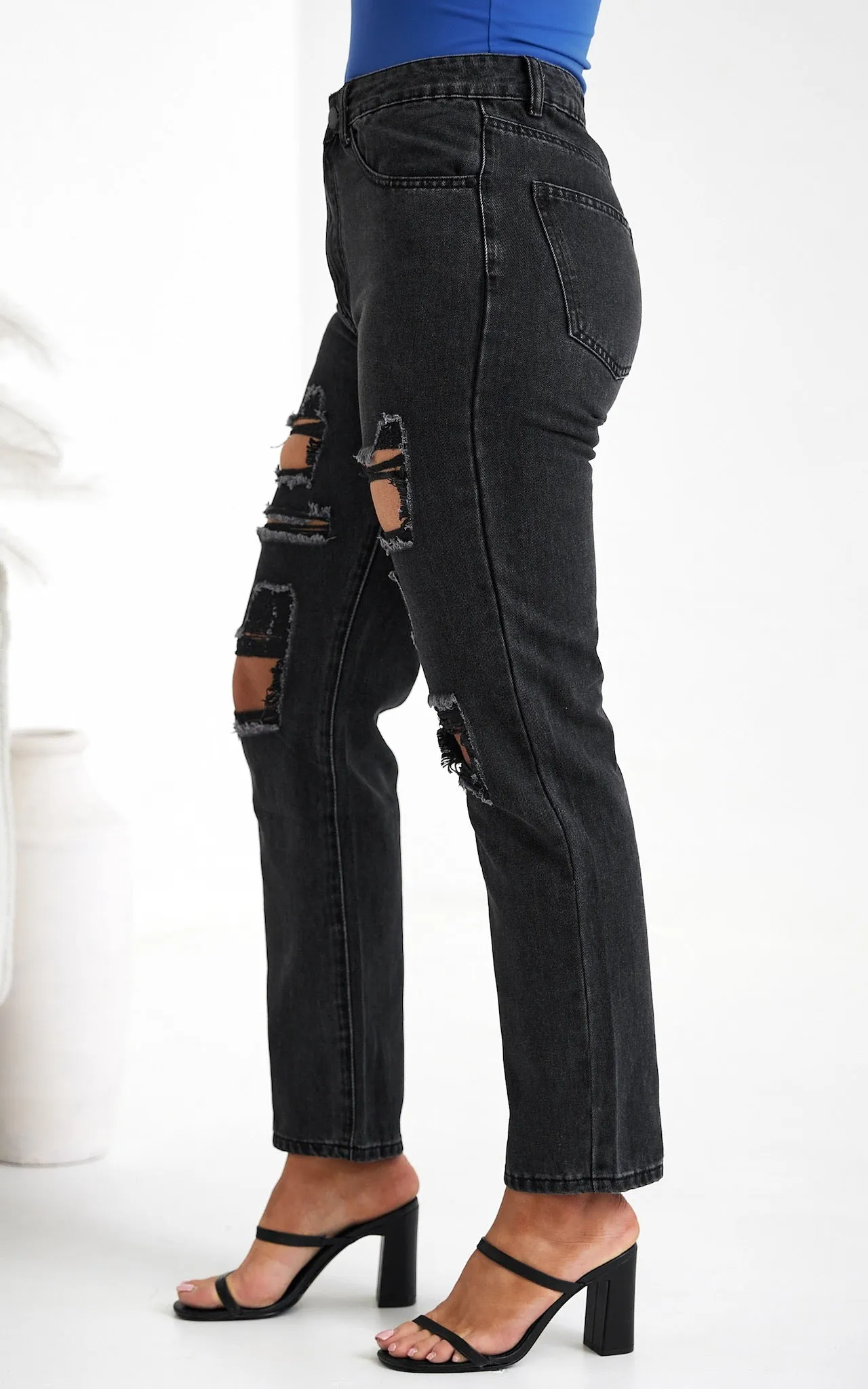 Maldives Distressed Ripped Mom Jeans - Charcoal Black