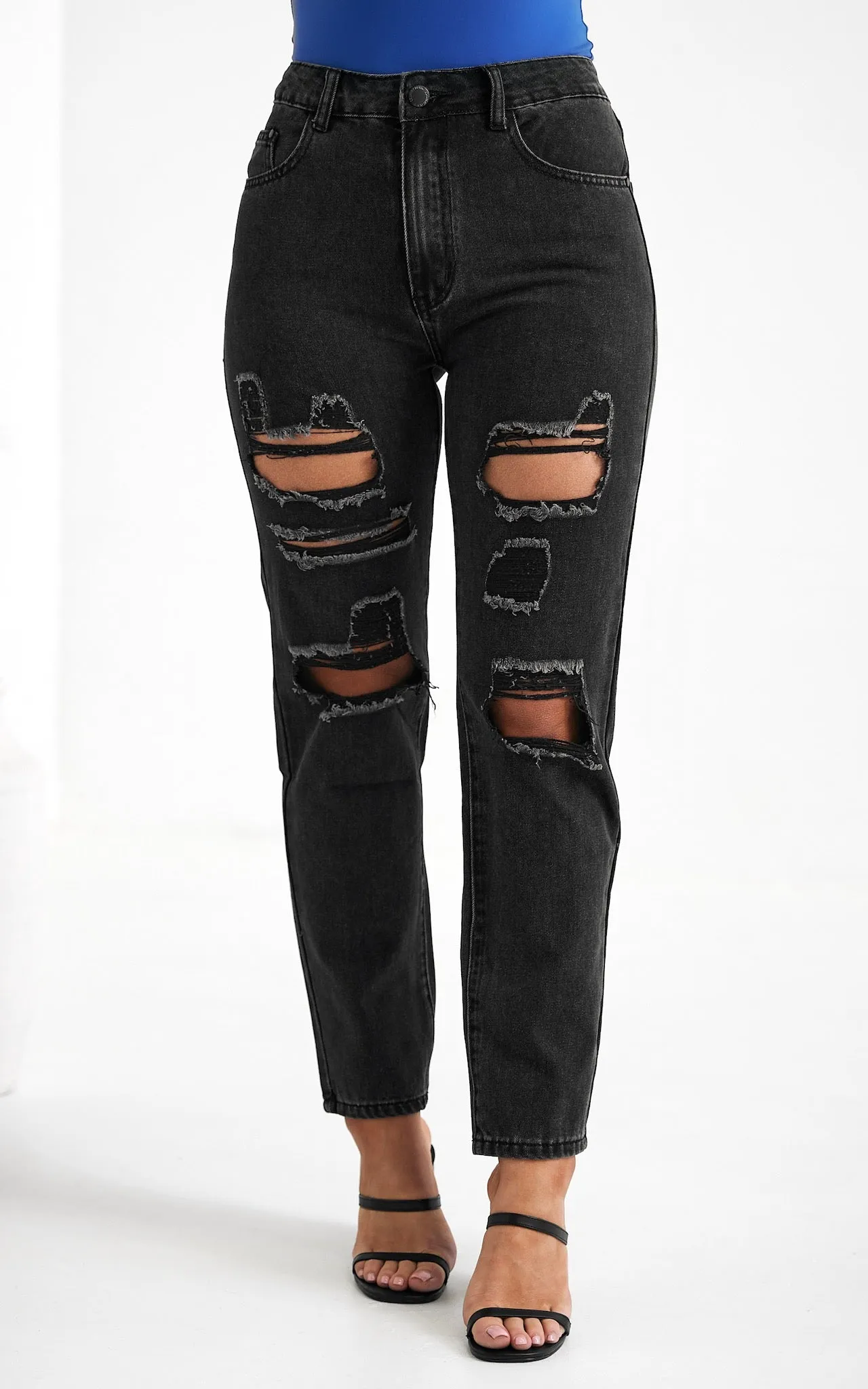 Maldives Distressed Ripped Mom Jeans - Charcoal Black