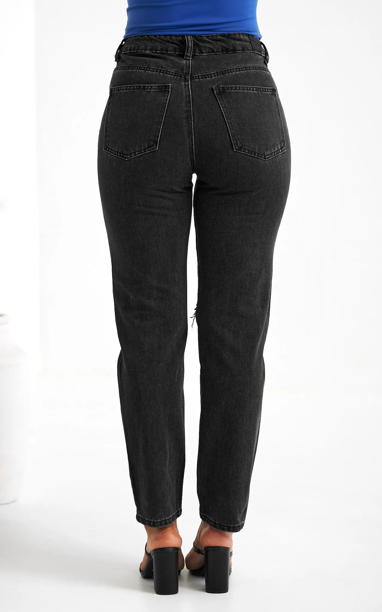 Maldives Distressed Ripped Mom Jeans - Charcoal Black