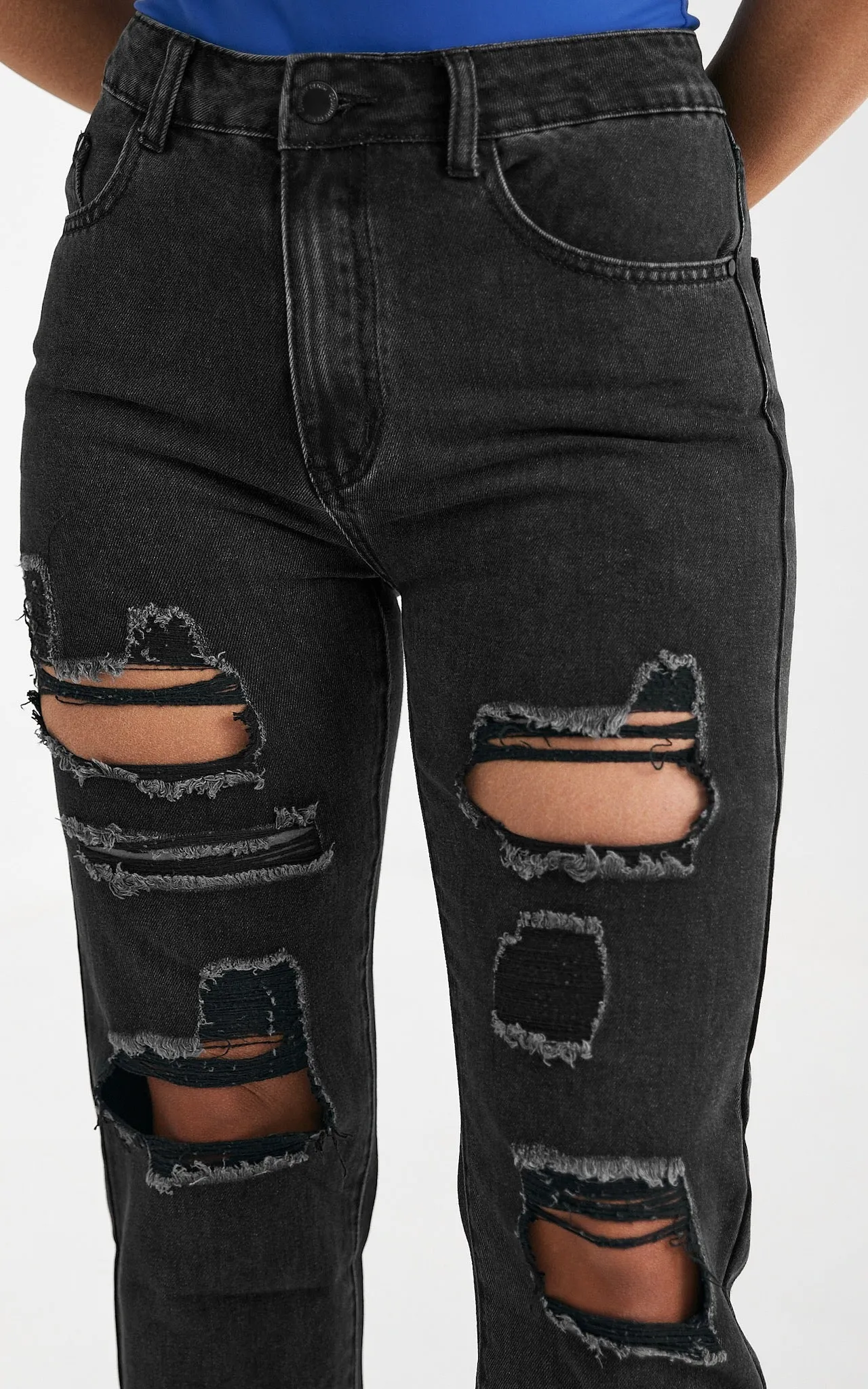 Maldives Distressed Ripped Mom Jeans - Charcoal Black