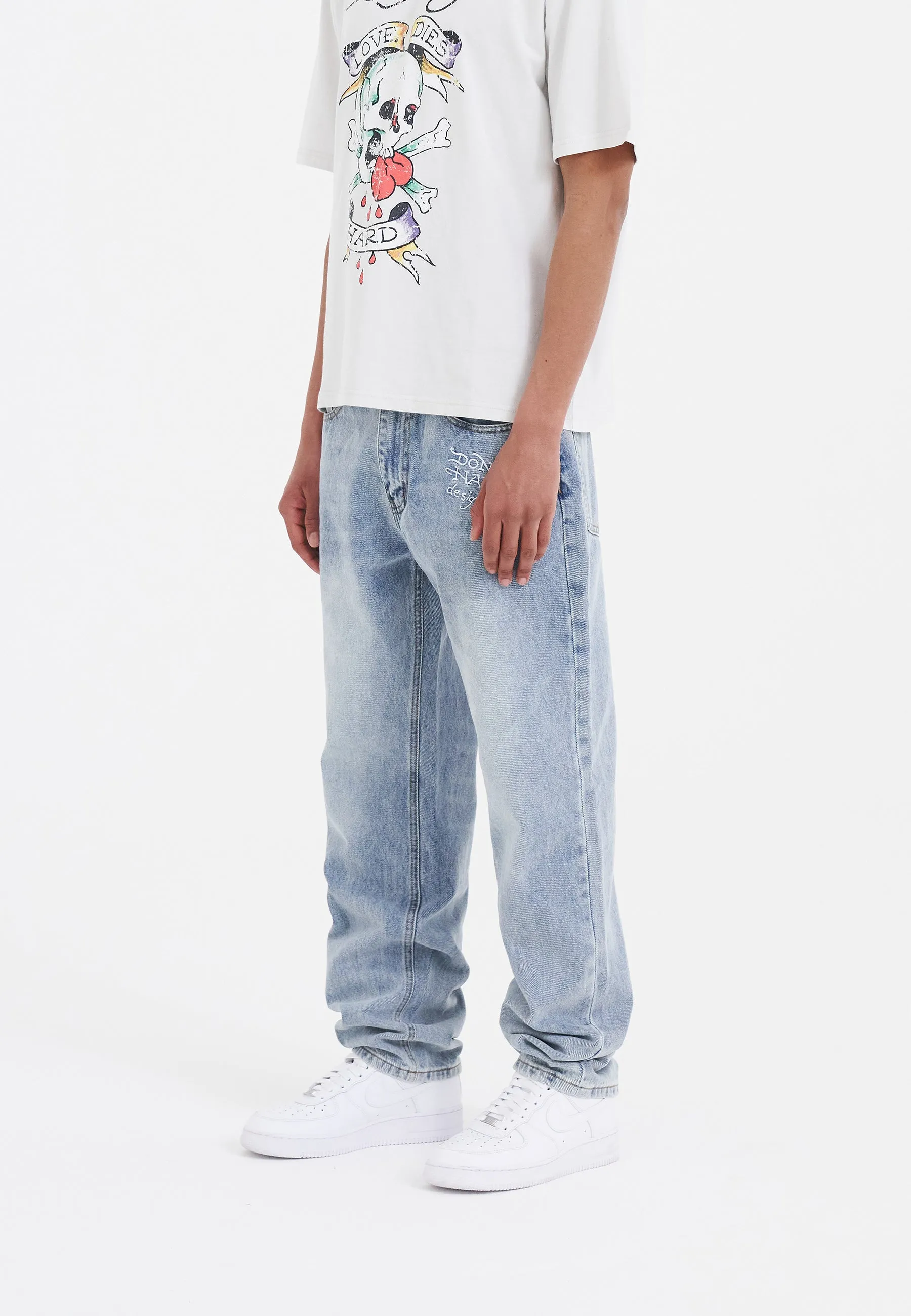 Mens Nyc-Skull Tattoo Graphic Denim Trousers Jeans - Bleach