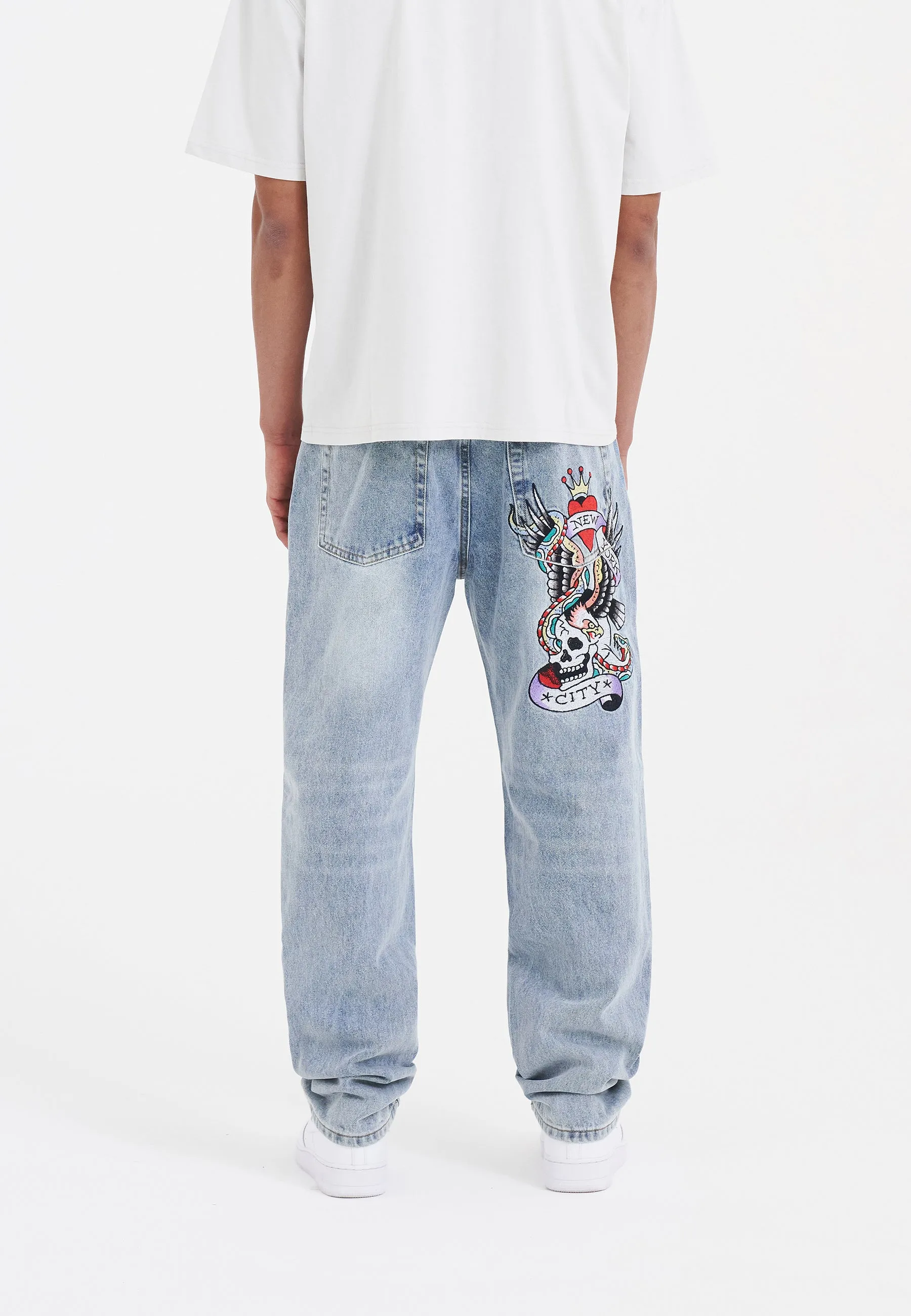 Mens Nyc-Skull Tattoo Graphic Denim Trousers Jeans - Bleach