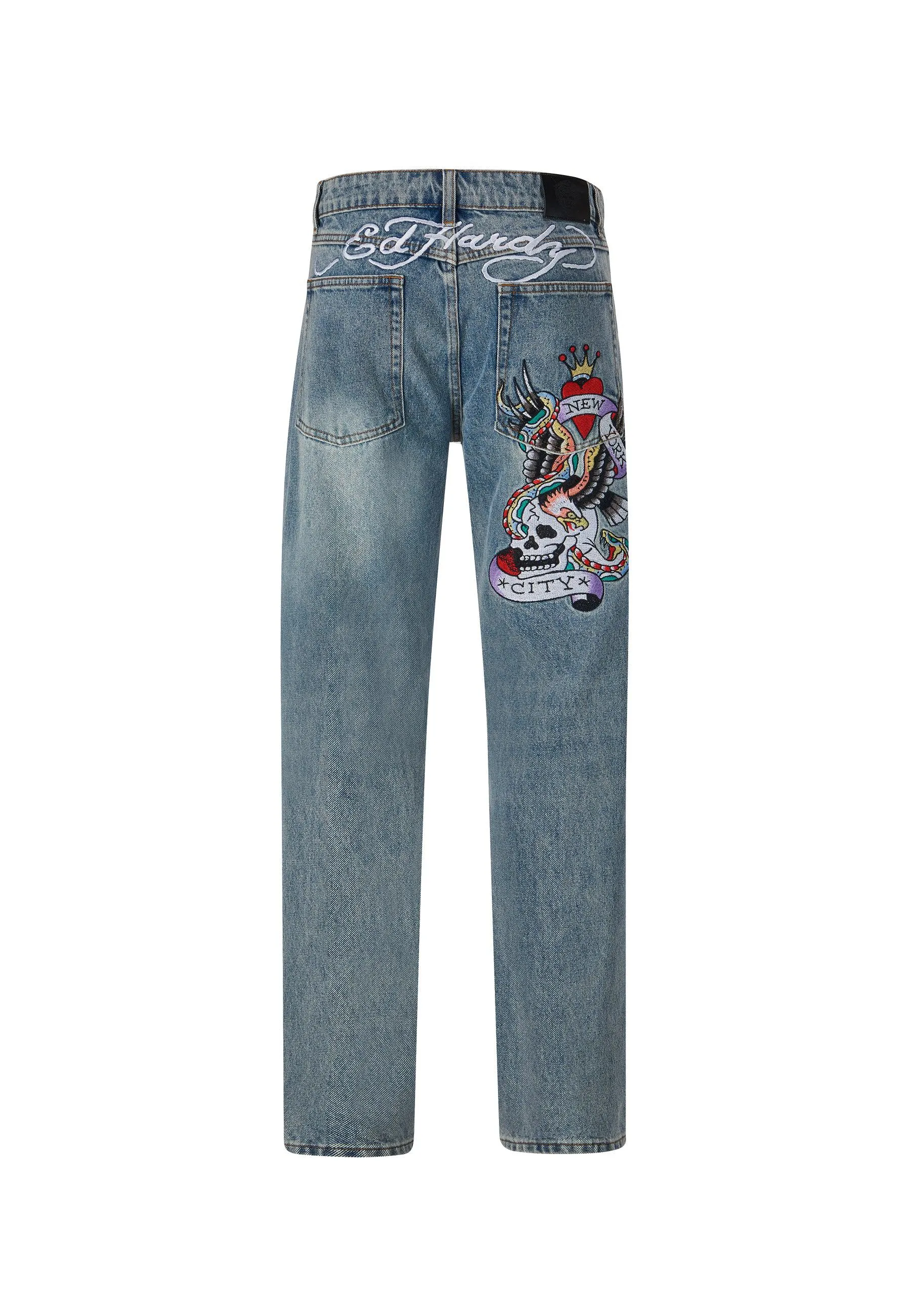 Mens Nyc-Skull Tattoo Graphic Denim Trousers Jeans - Bleach