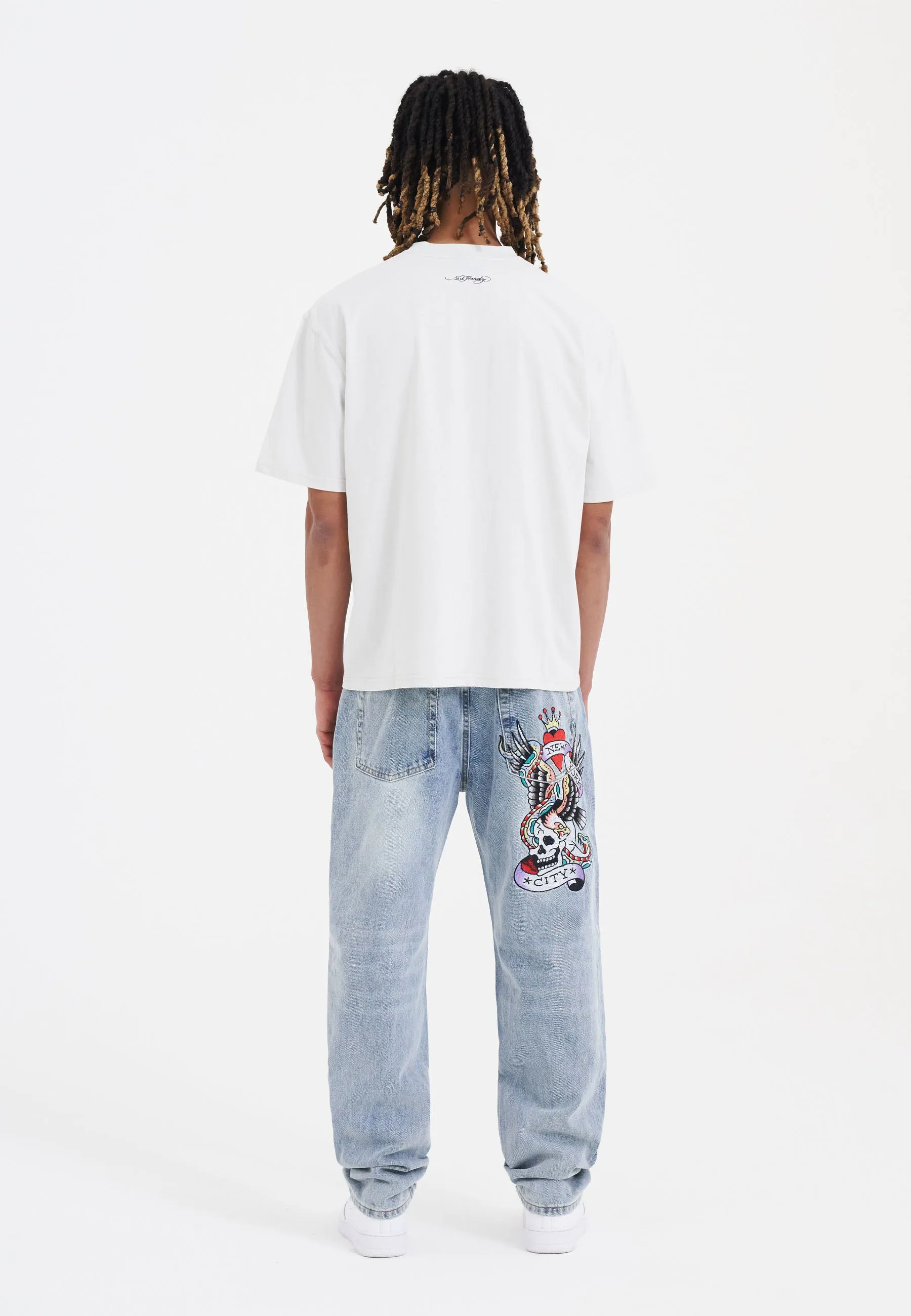 Mens Nyc-Skull Tattoo Graphic Denim Trousers Jeans - Bleach