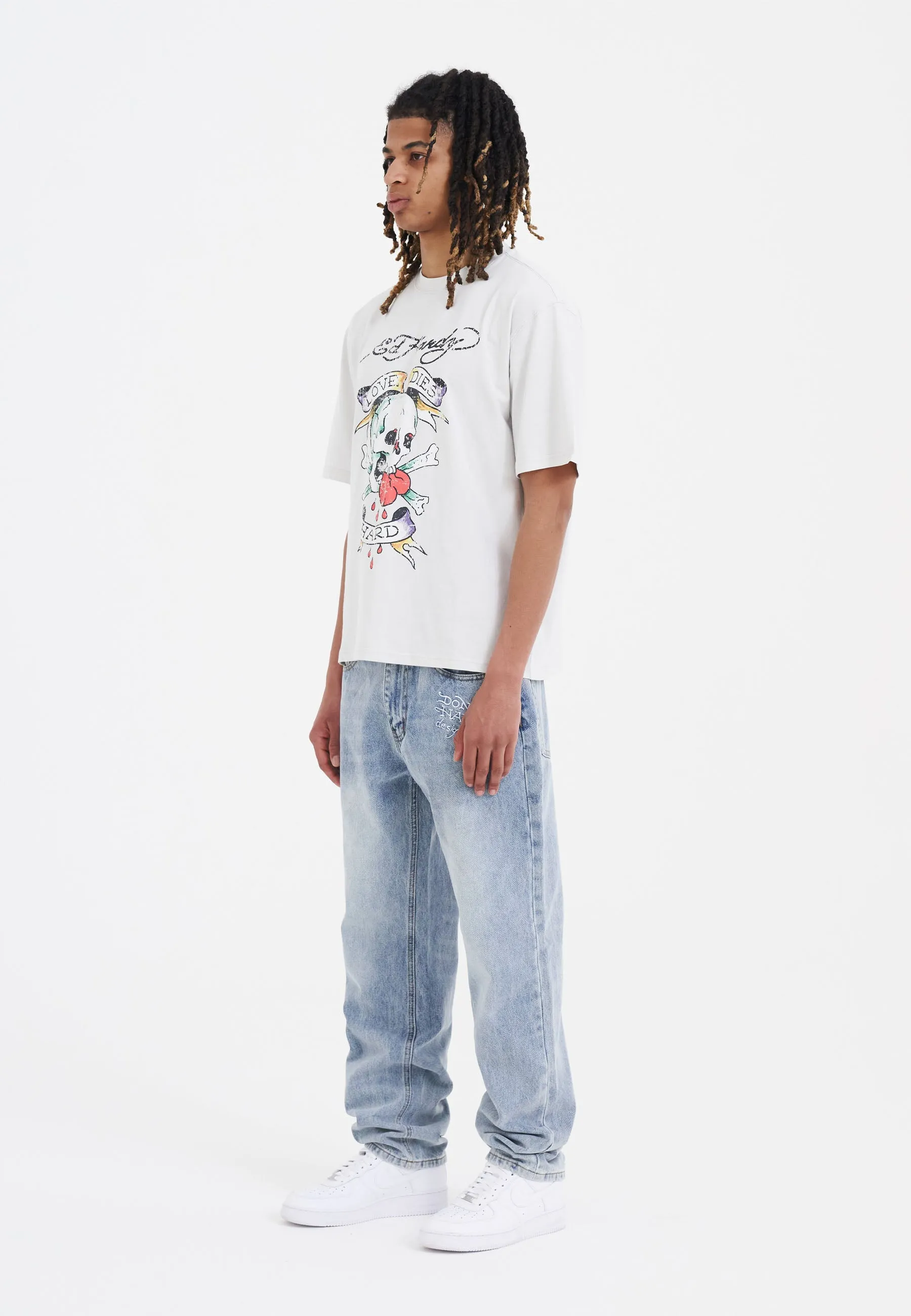 Mens Nyc-Skull Tattoo Graphic Denim Trousers Jeans - Bleach