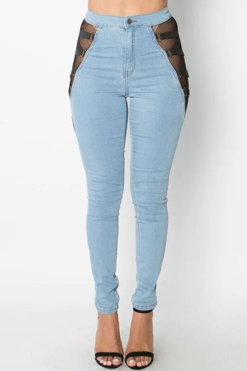 Mesh zig zag side detail high waist skinny jeans