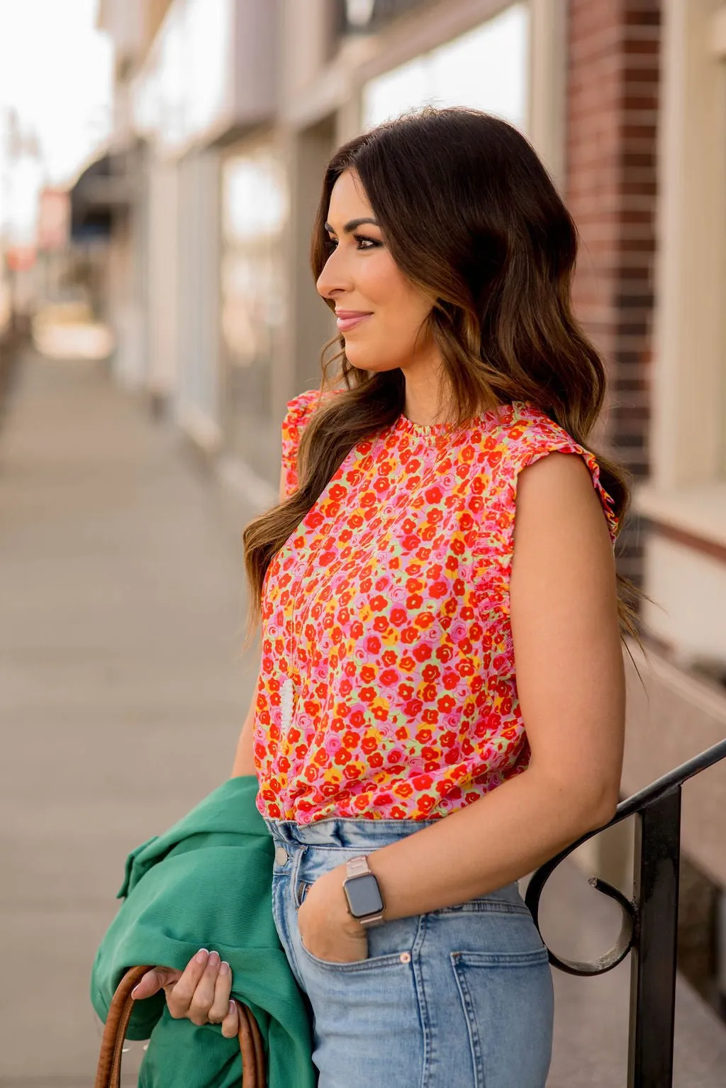 Modern Blooms Ruffle Trim Tank