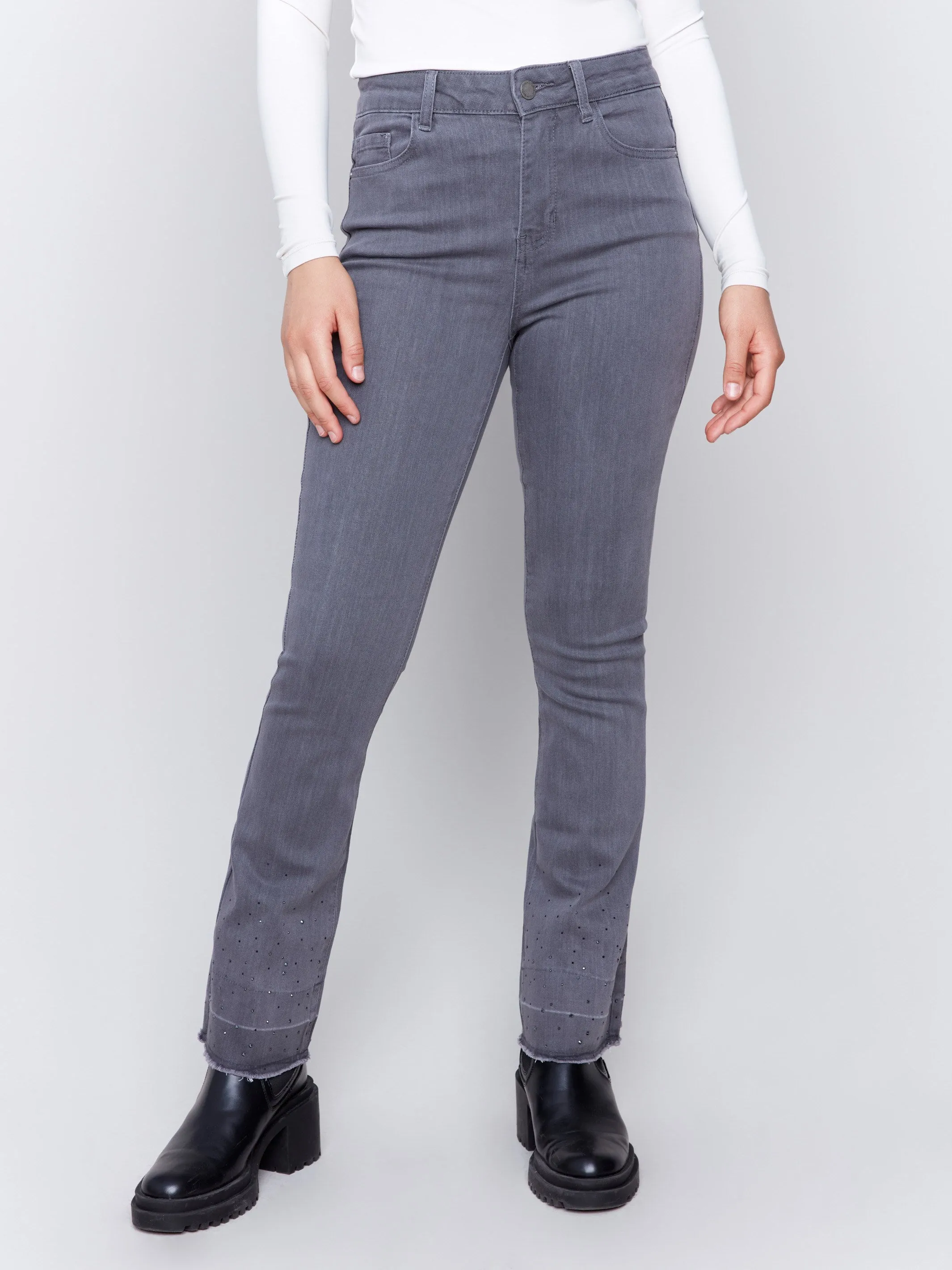 Ombre Hem Flare Jeans with Studs - Medium Grey