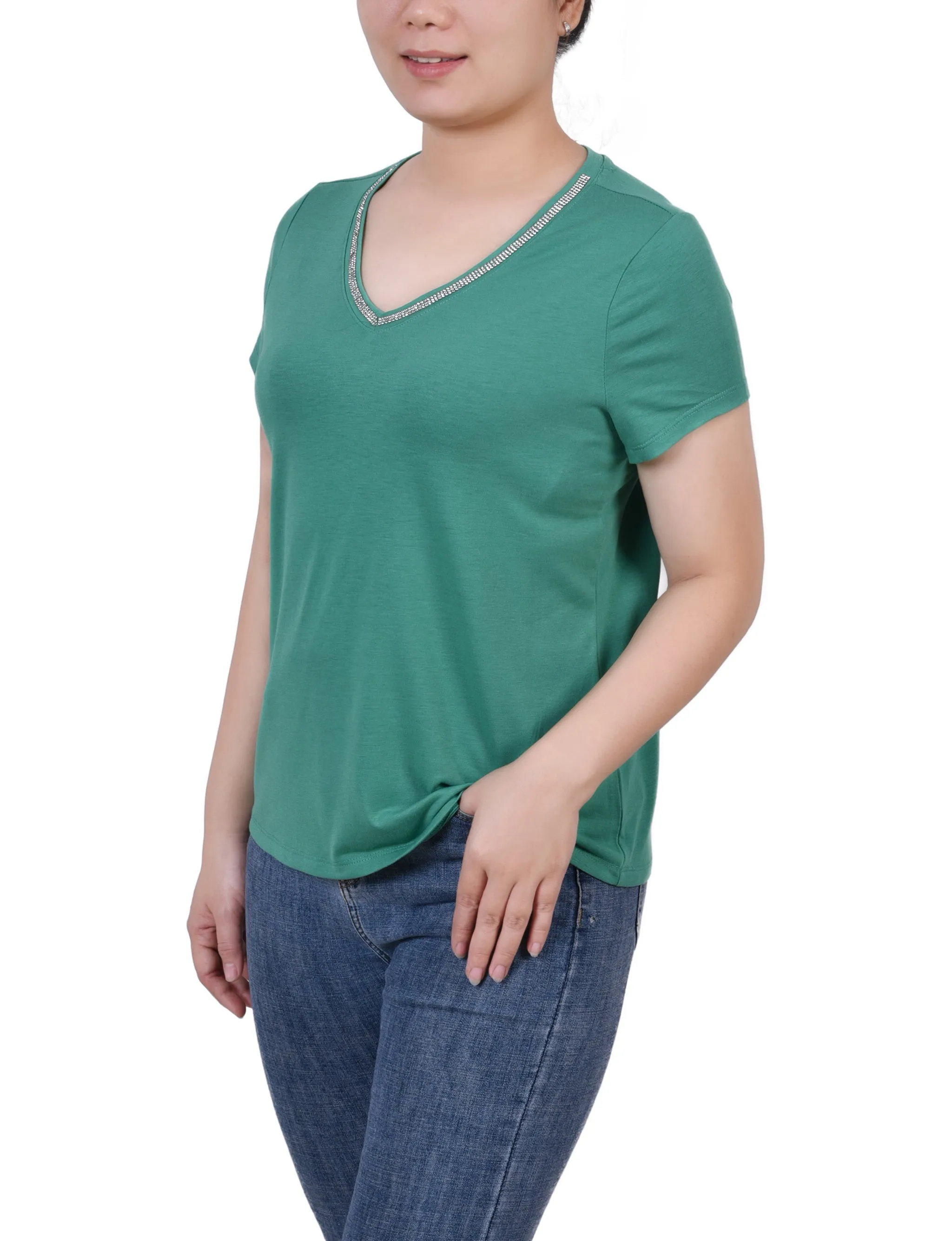 Petite Short Sleeve Top With Stone Details