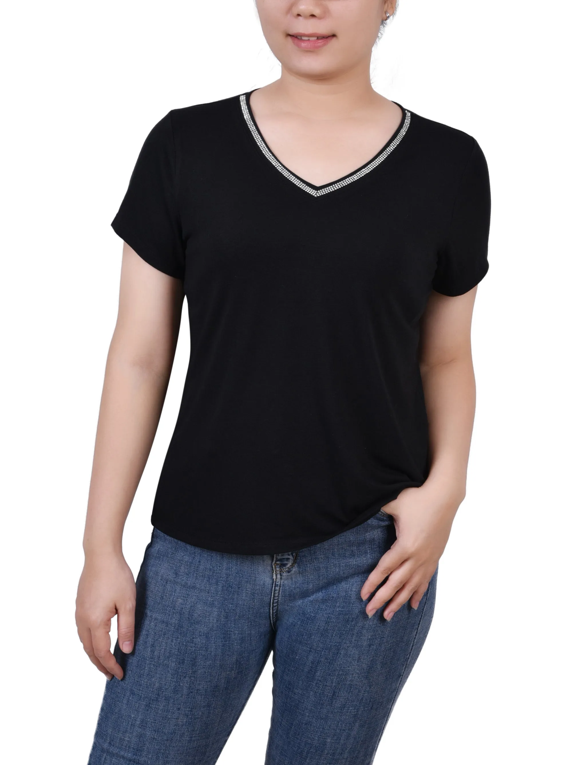 Petite Short Sleeve Top With Stone Details