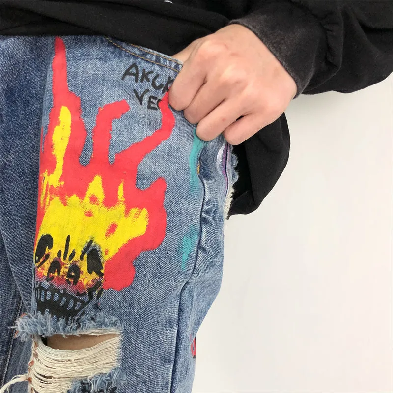 Punk Graffiti Style Printed Men Distressed Jeans