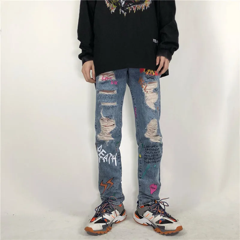 Punk Graffiti Style Printed Men Distressed Jeans