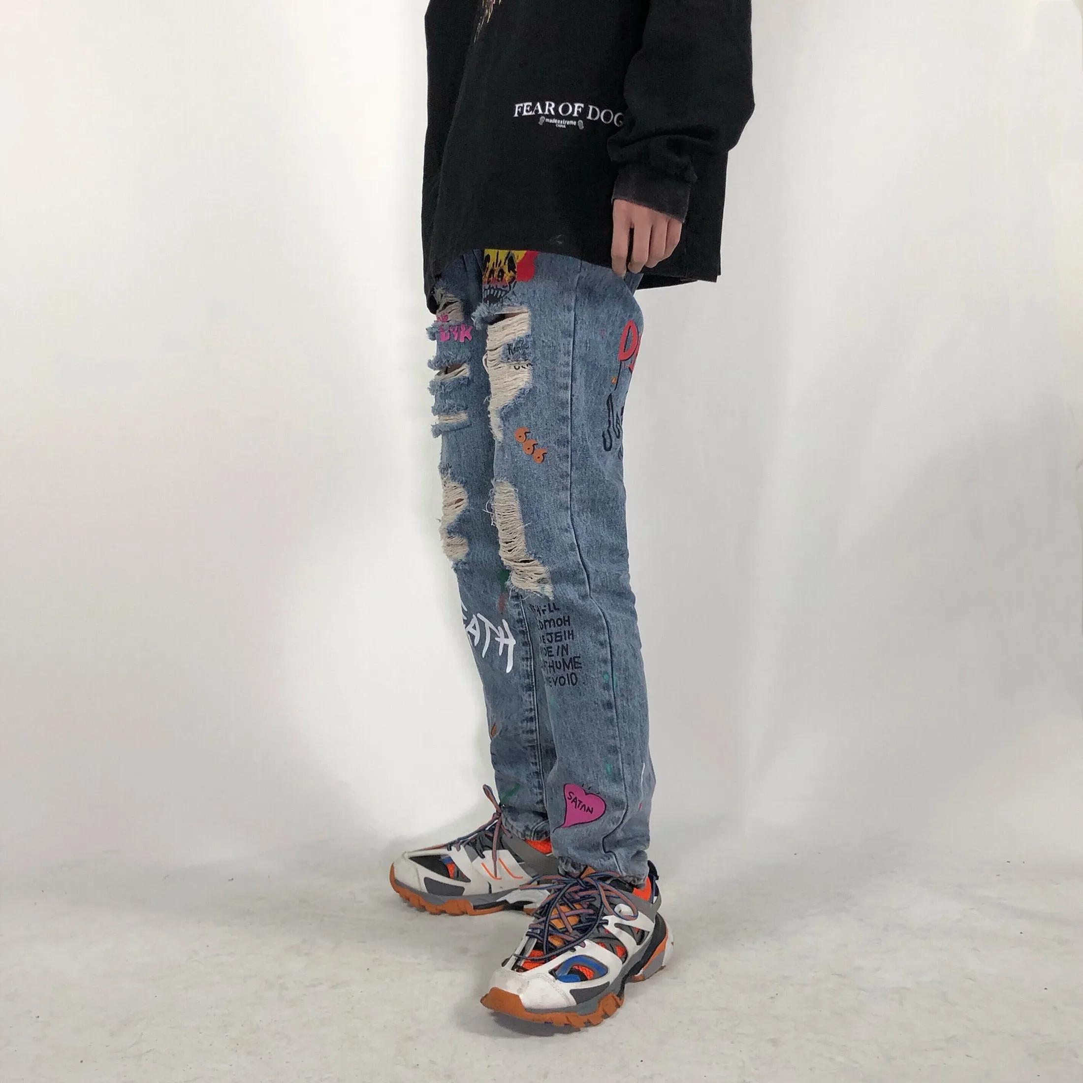 Punk Graffiti Style Printed Men Distressed Jeans