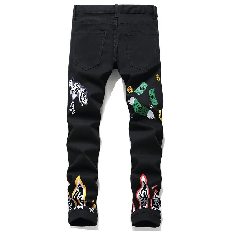 Punk Style Full Prints Men Straight Cut Jeans