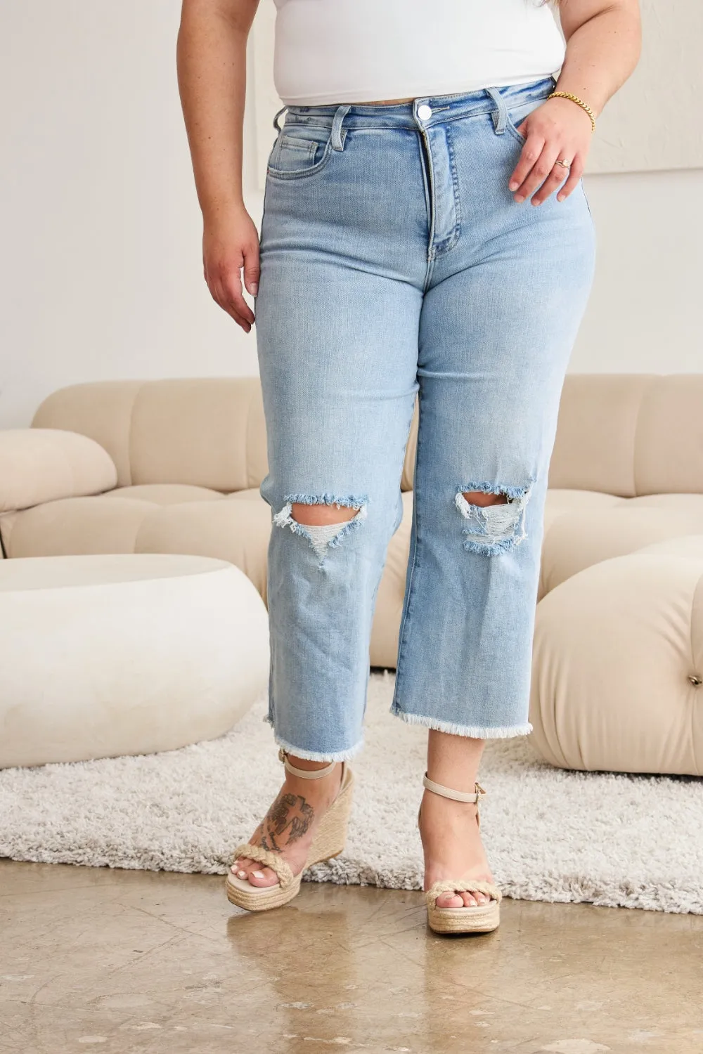 RFM Tummy Control High Waist Raw Hem Distressed Jeans Light Denim