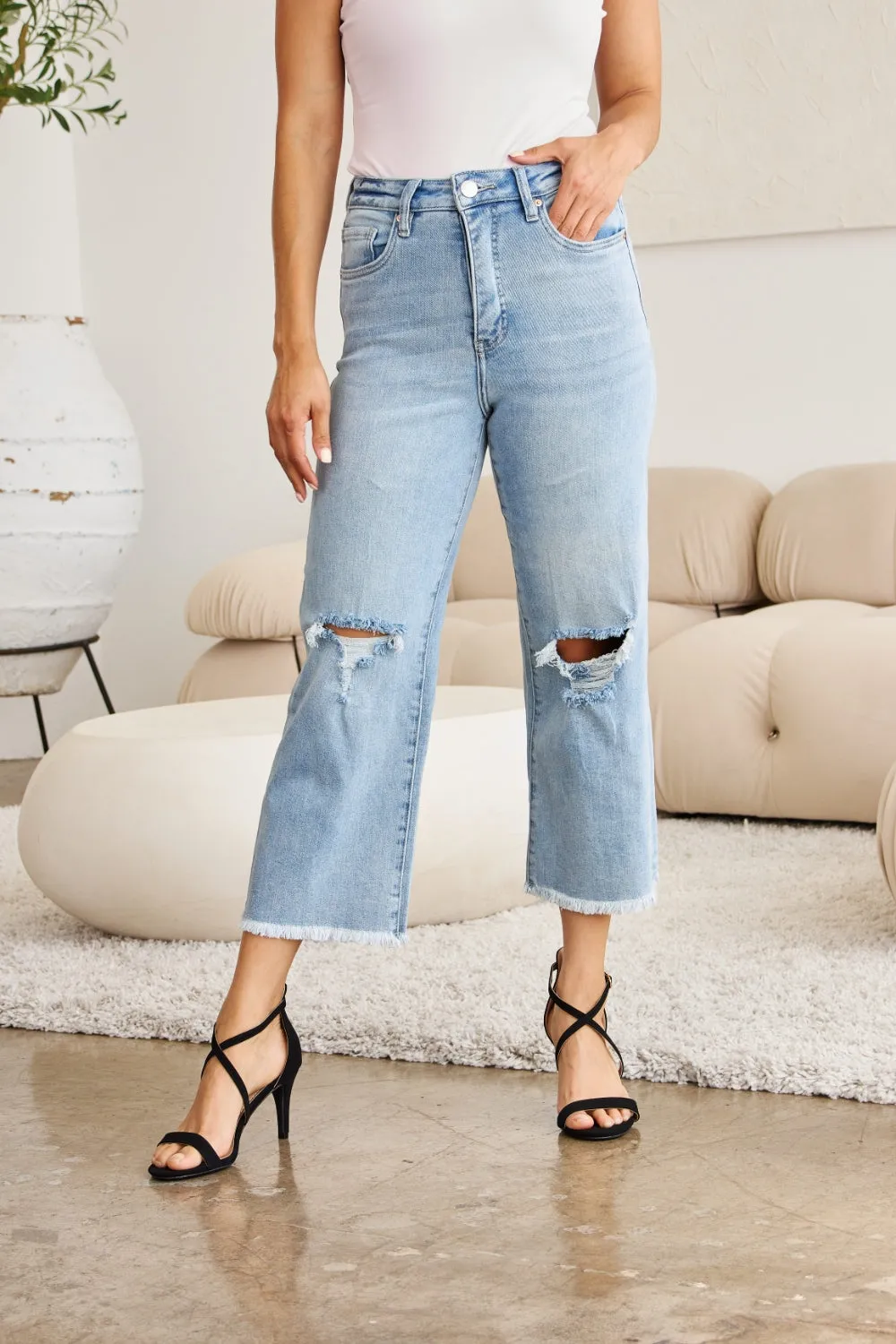 RFM Tummy Control High Waist Raw Hem Distressed Jeans Light Denim