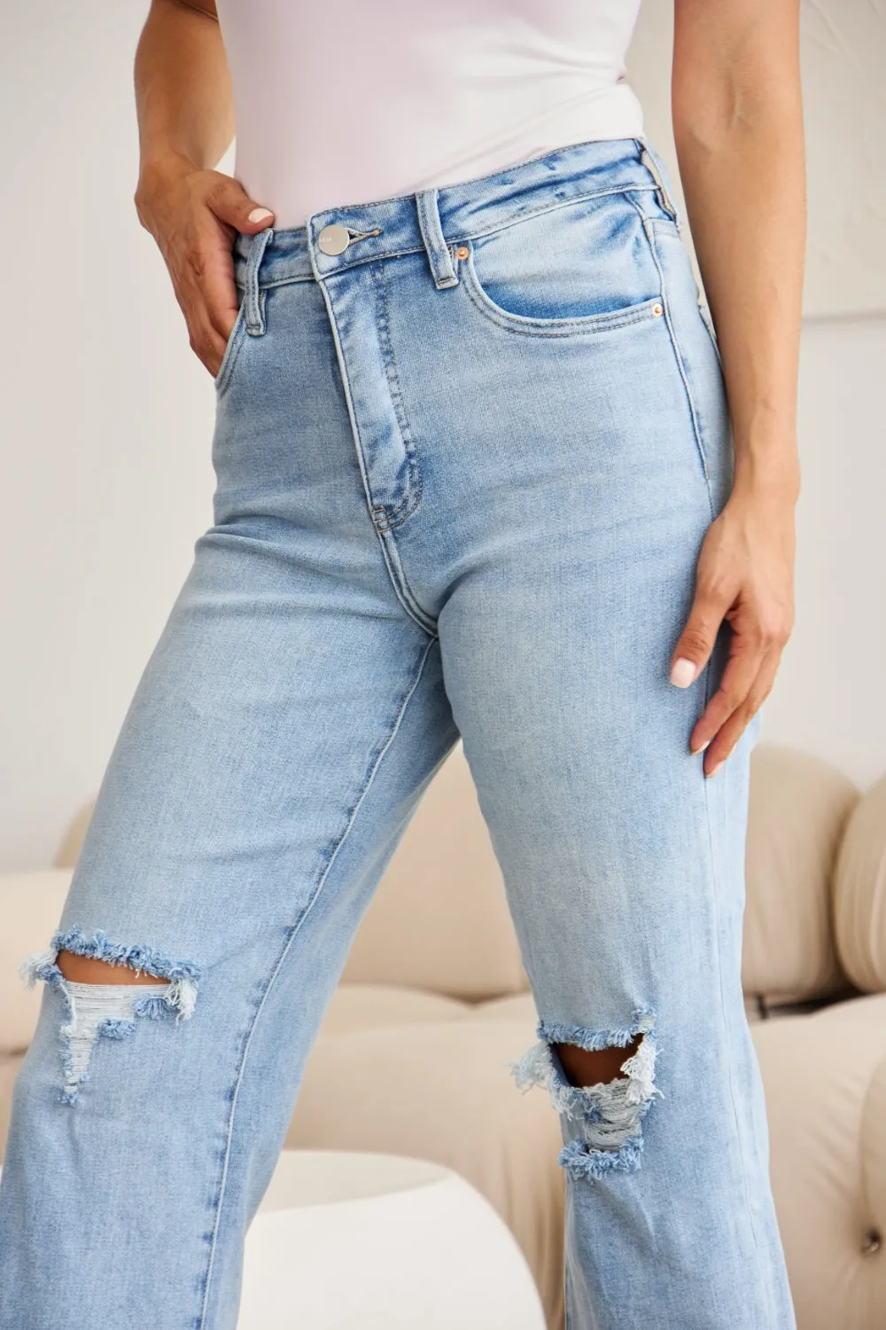 RFM Tummy Control High Waist Raw Hem Distressed Jeans Light Denim