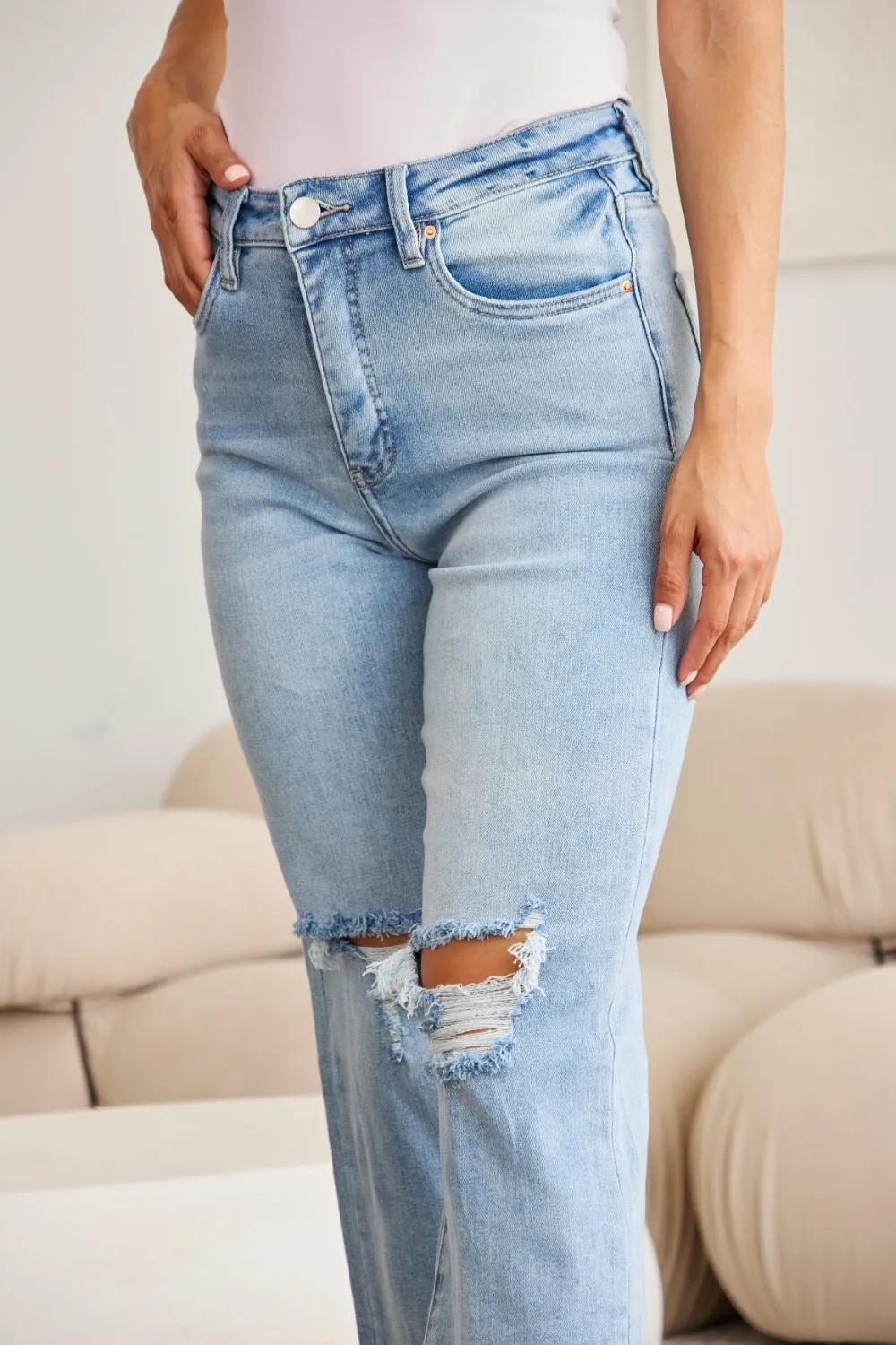 RFM Tummy Control High Waist Raw Hem Distressed Jeans Light Denim