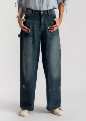 Rustic Blue Women Skater Jeans with Carpenter details