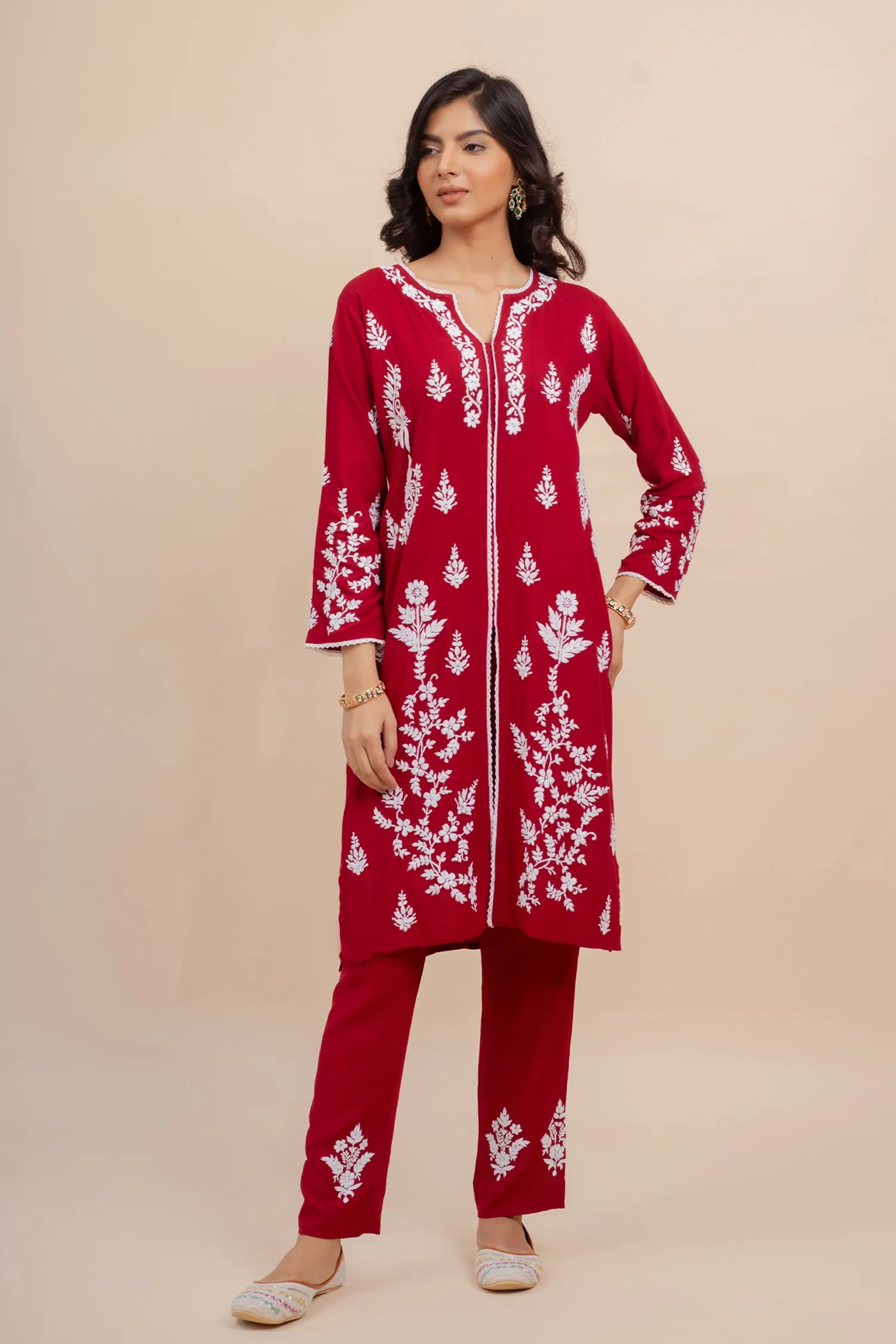 Saba Chikankari Set In Rayon Cotton - Burgunday