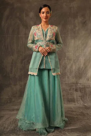 Sage Green Embroidered Cape Kurti & Skirt Set