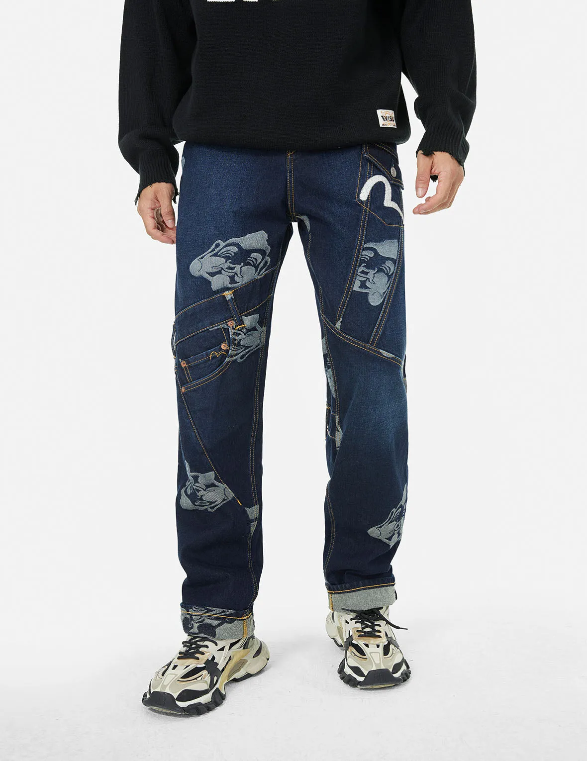 Seagull Embroidery and Godhead Jacquard Straight Fit Jeans