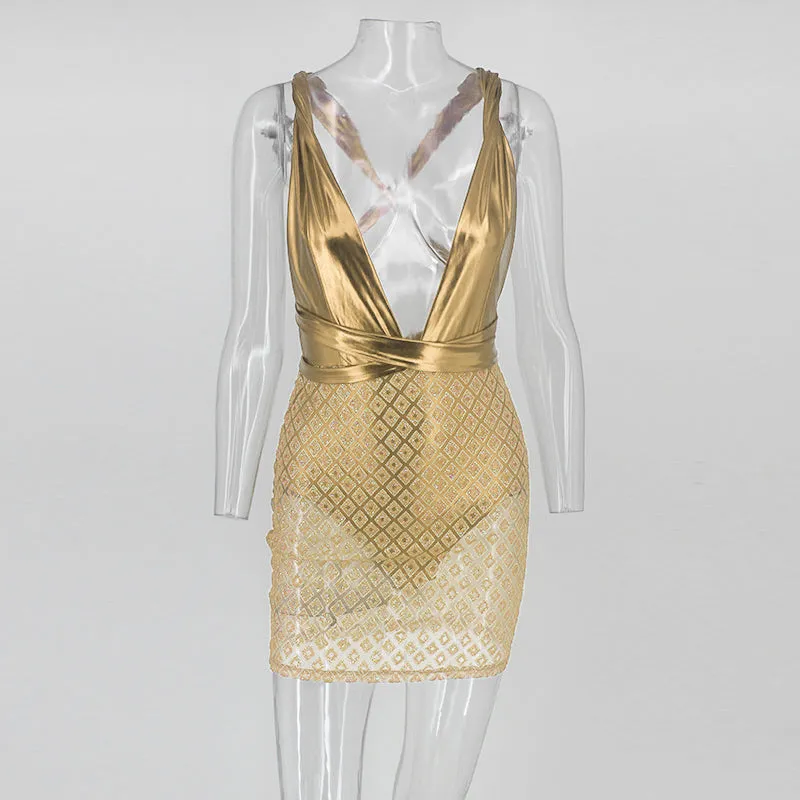 “Shining” deep v strappy sheer bodycon party dress