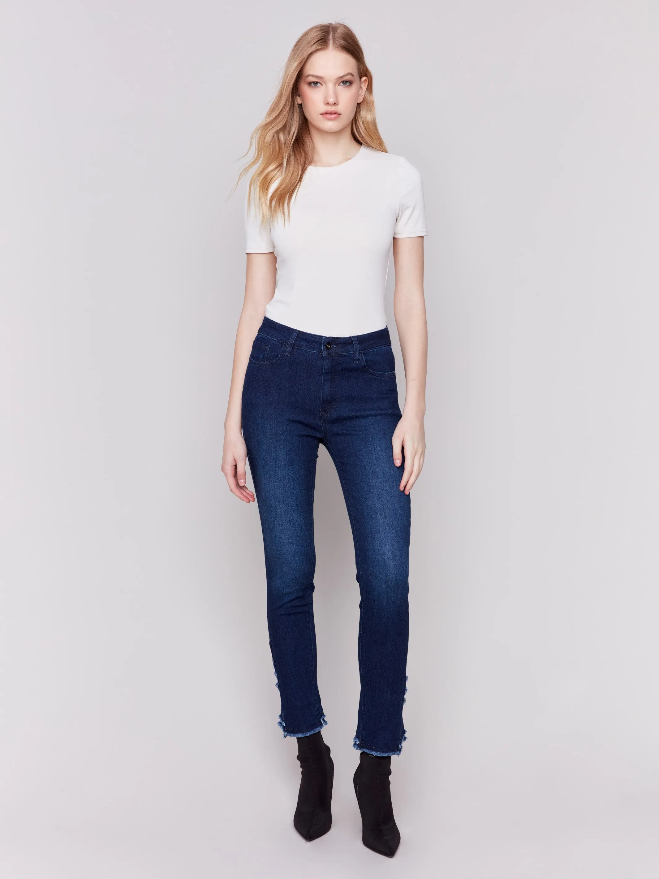 Slim Fit Jeans with Frayed Tulip Hem - Blue Black