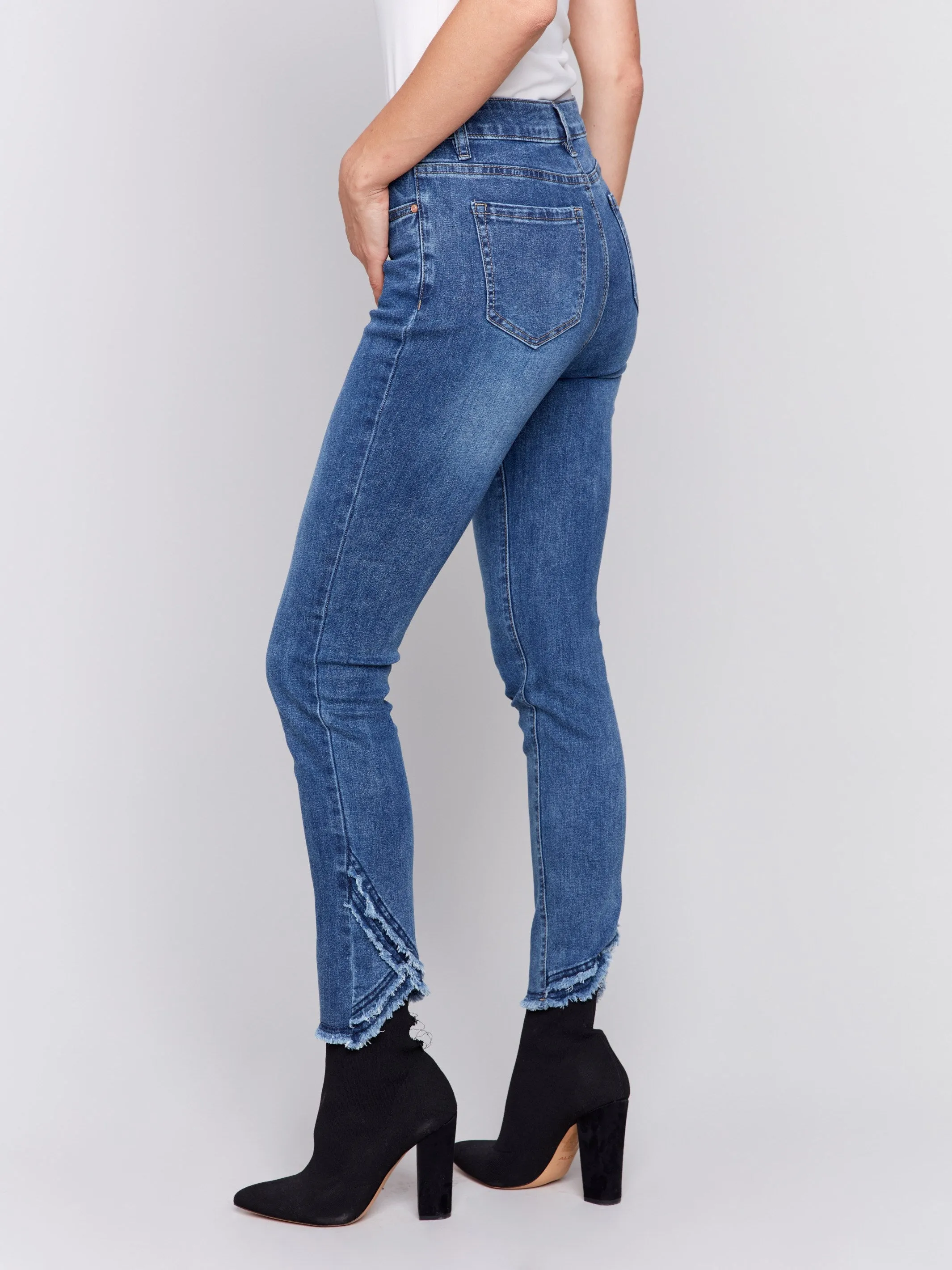 Slim Fit Jeans with Frayed Tulip Hem - Medium Blue