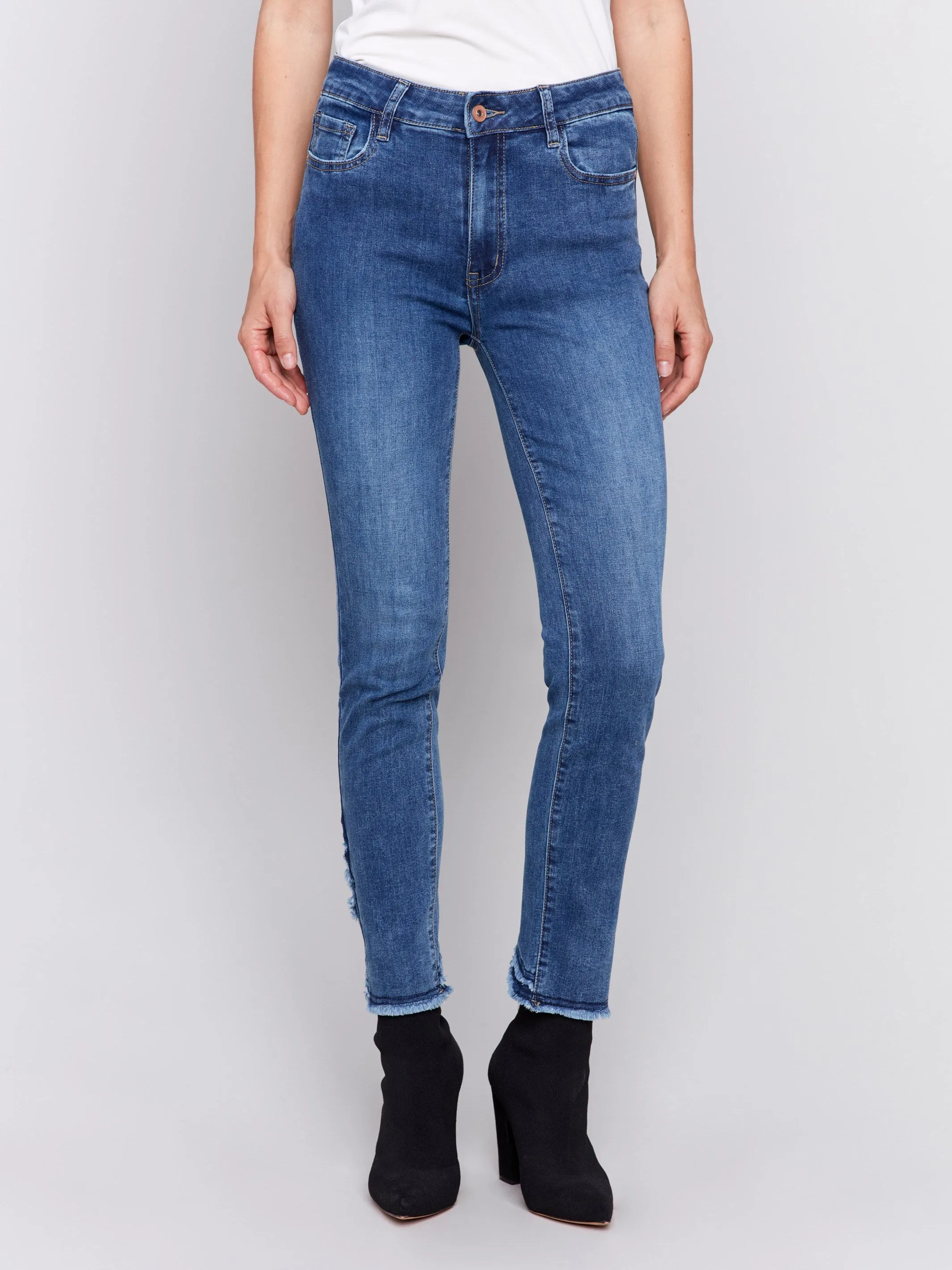 Slim Fit Jeans with Frayed Tulip Hem - Medium Blue