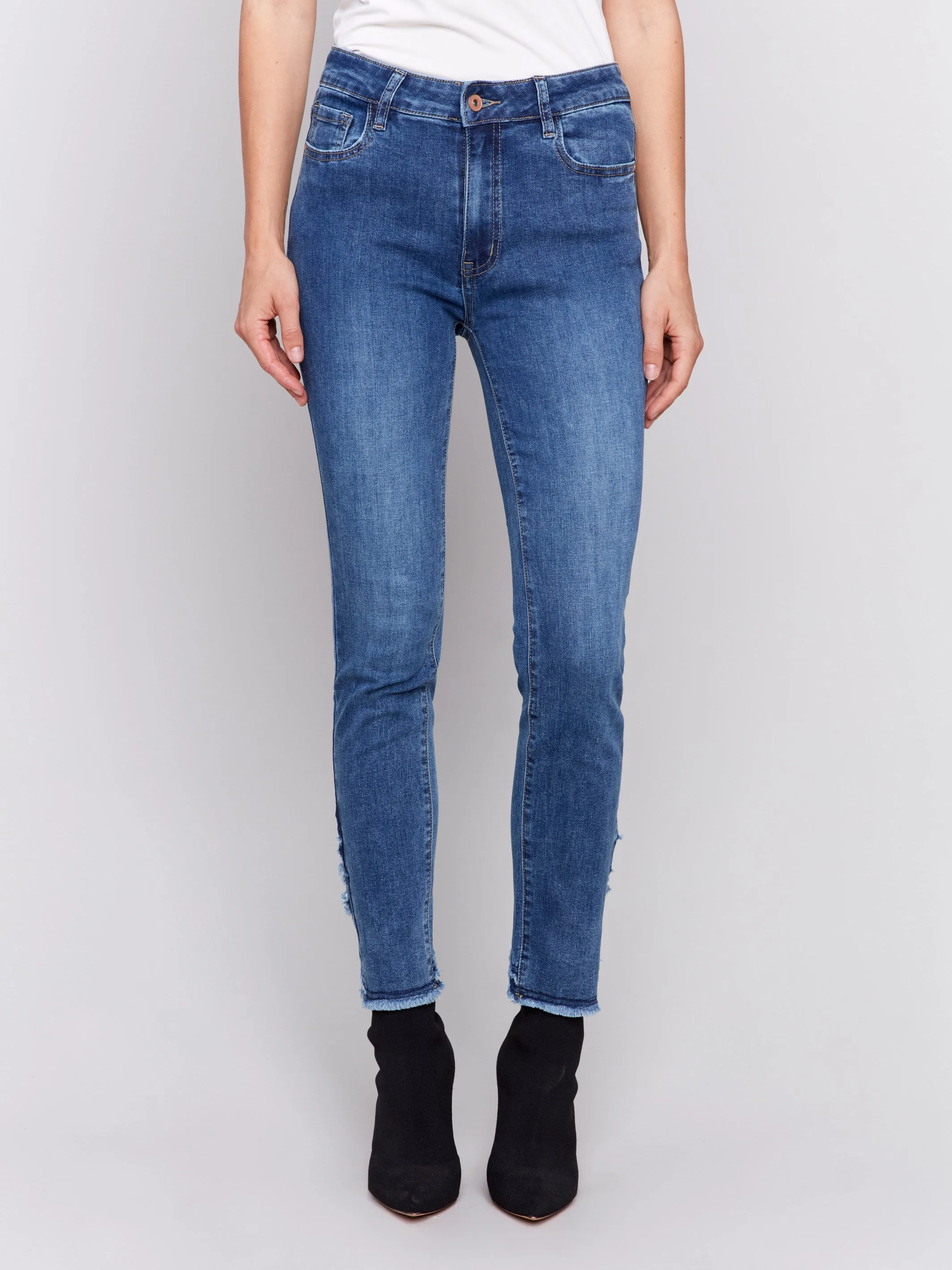 Slim Fit Jeans with Frayed Tulip Hem - Medium Blue