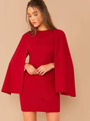 Solid Cloak Sleeve Bodycon Dress Without Belt