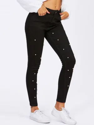 Stretchy Jeans with 3D Pearl Embellishments H7XHRDCPKN