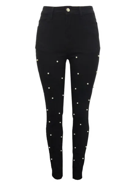 Stretchy Jeans with 3D Pearl Embellishments H7XHRDCPKN