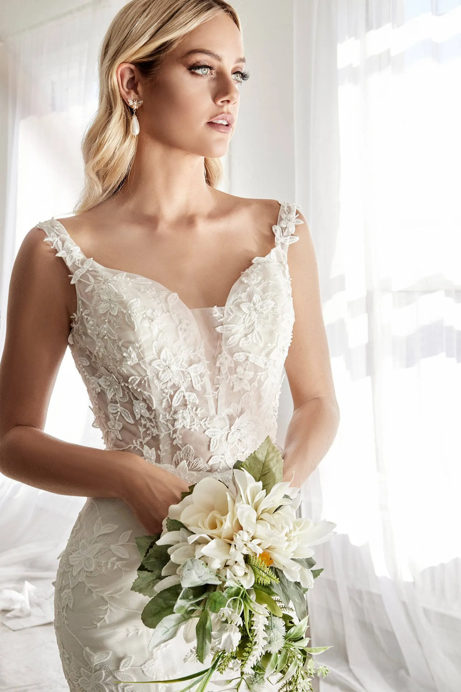 Stunning Wedding Gown with Deep Neckline and Floral Accents #CDTY01