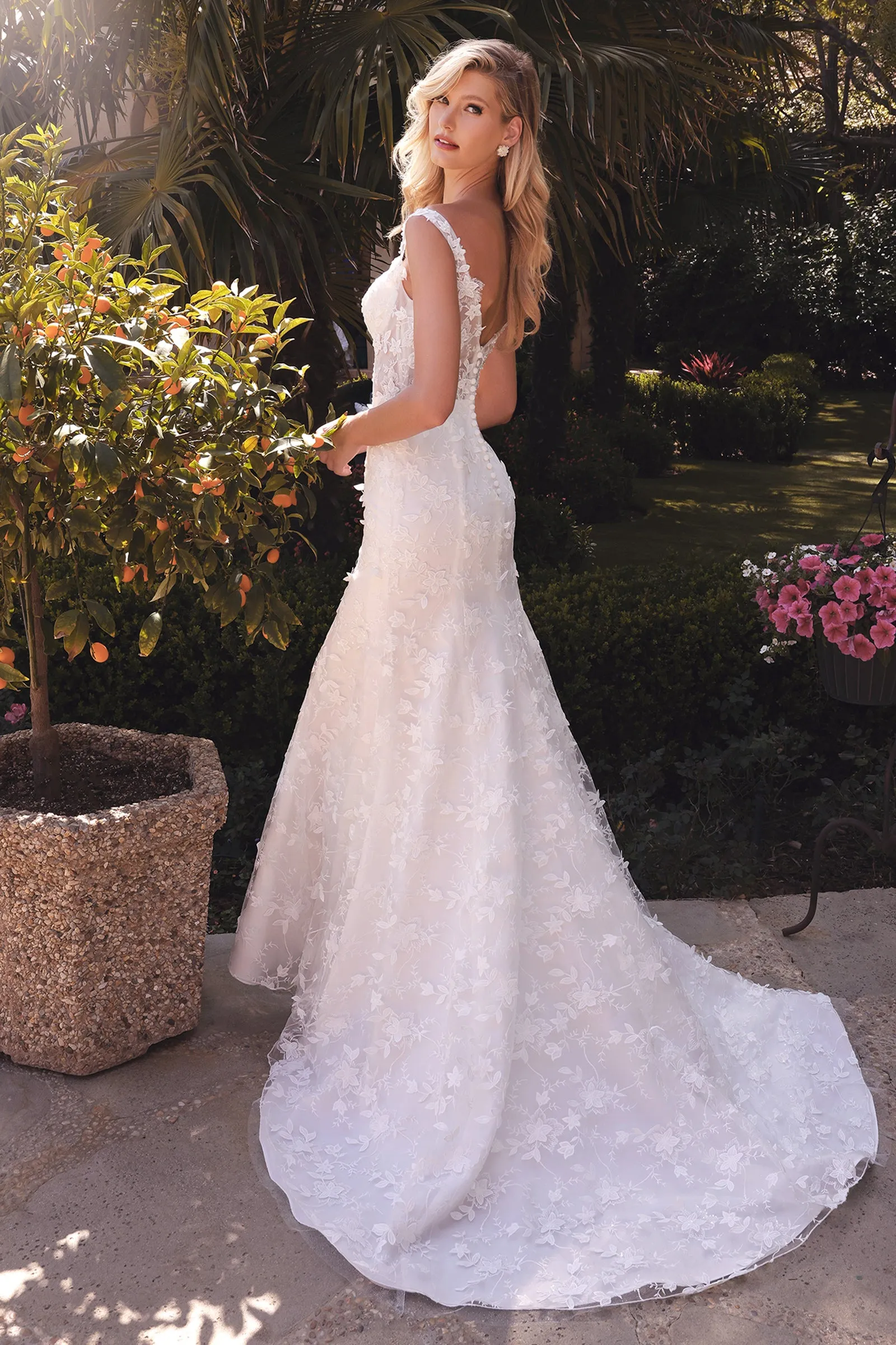 Stunning Wedding Gown with Deep Neckline and Floral Accents #CDTY01