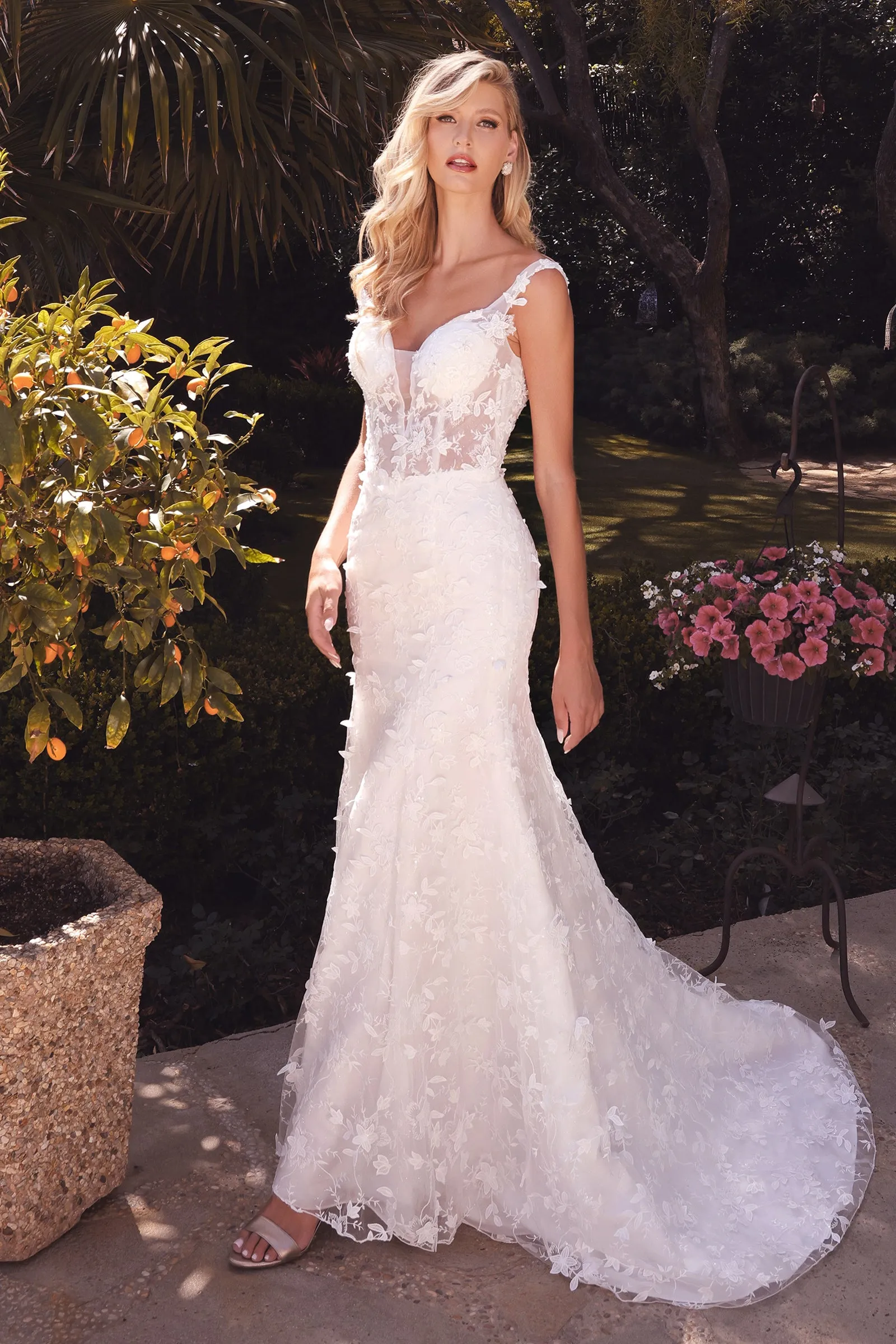 Stunning Wedding Gown with Deep Neckline and Floral Accents #CDTY01