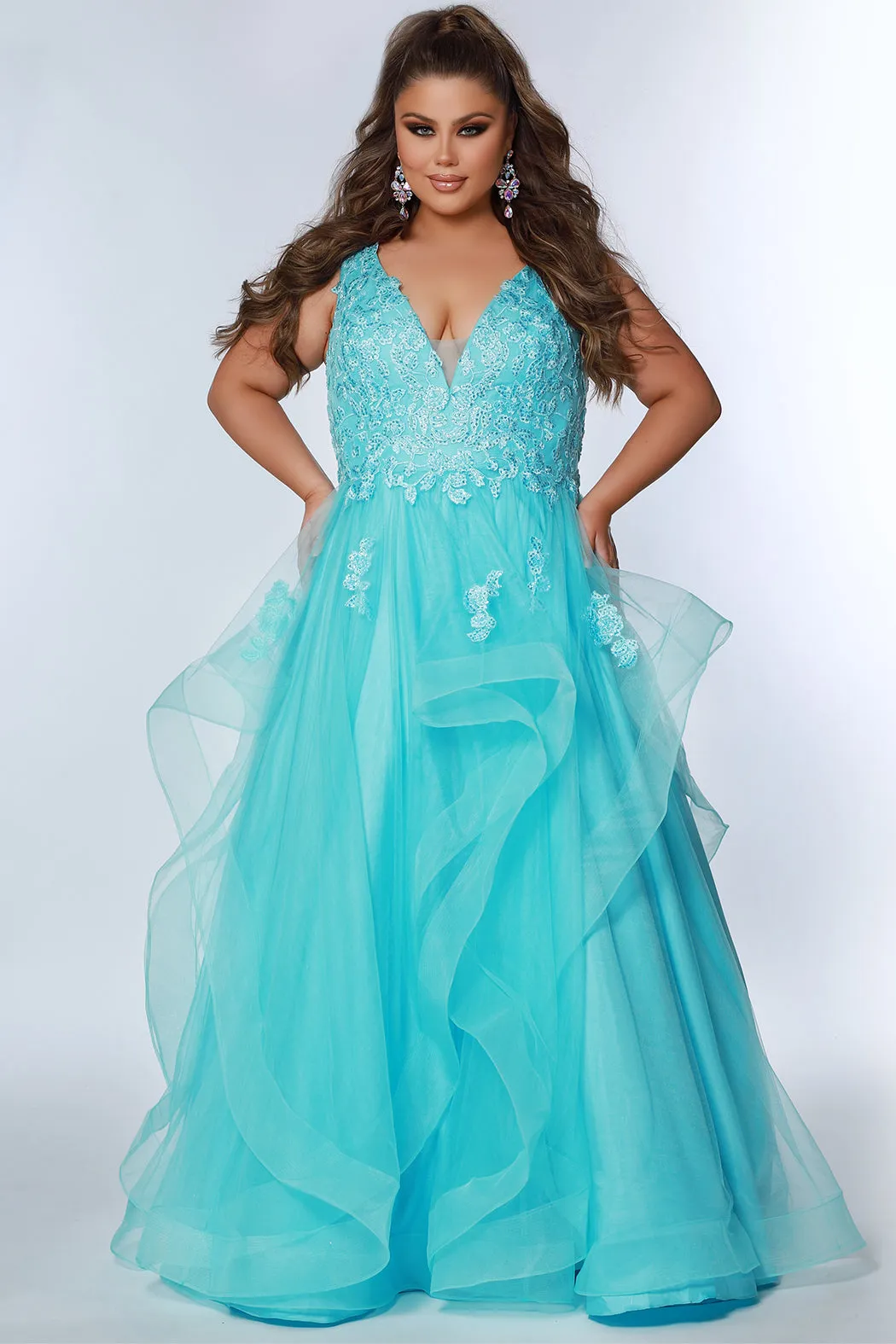 Sydney's Closet SC7347 Floral Lace Bodice Prom Dress Layered Tulle Ballgown Skirt