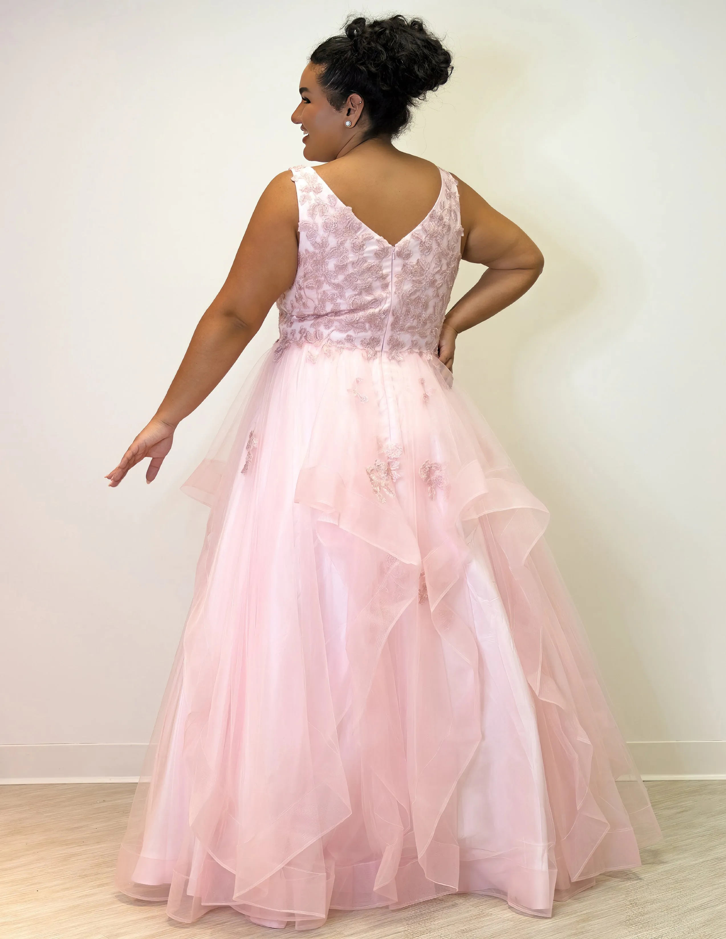 Sydney's Closet SC7347 Floral Lace Bodice Prom Dress Layered Tulle Ballgown Skirt