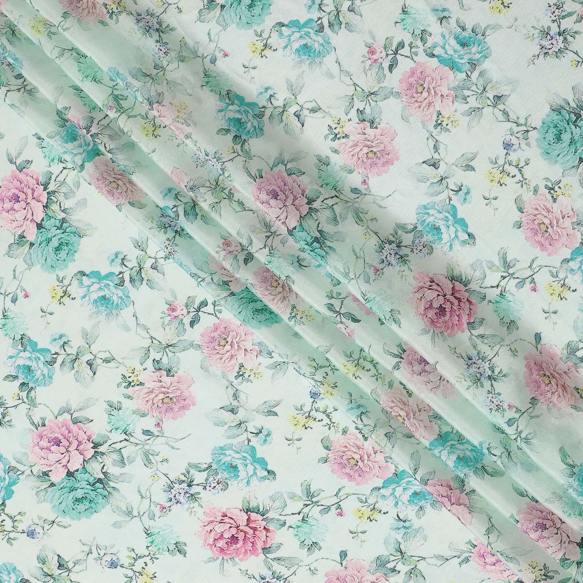 Turquoise viscose crepe fabric with multicolor print in floral design-D15699