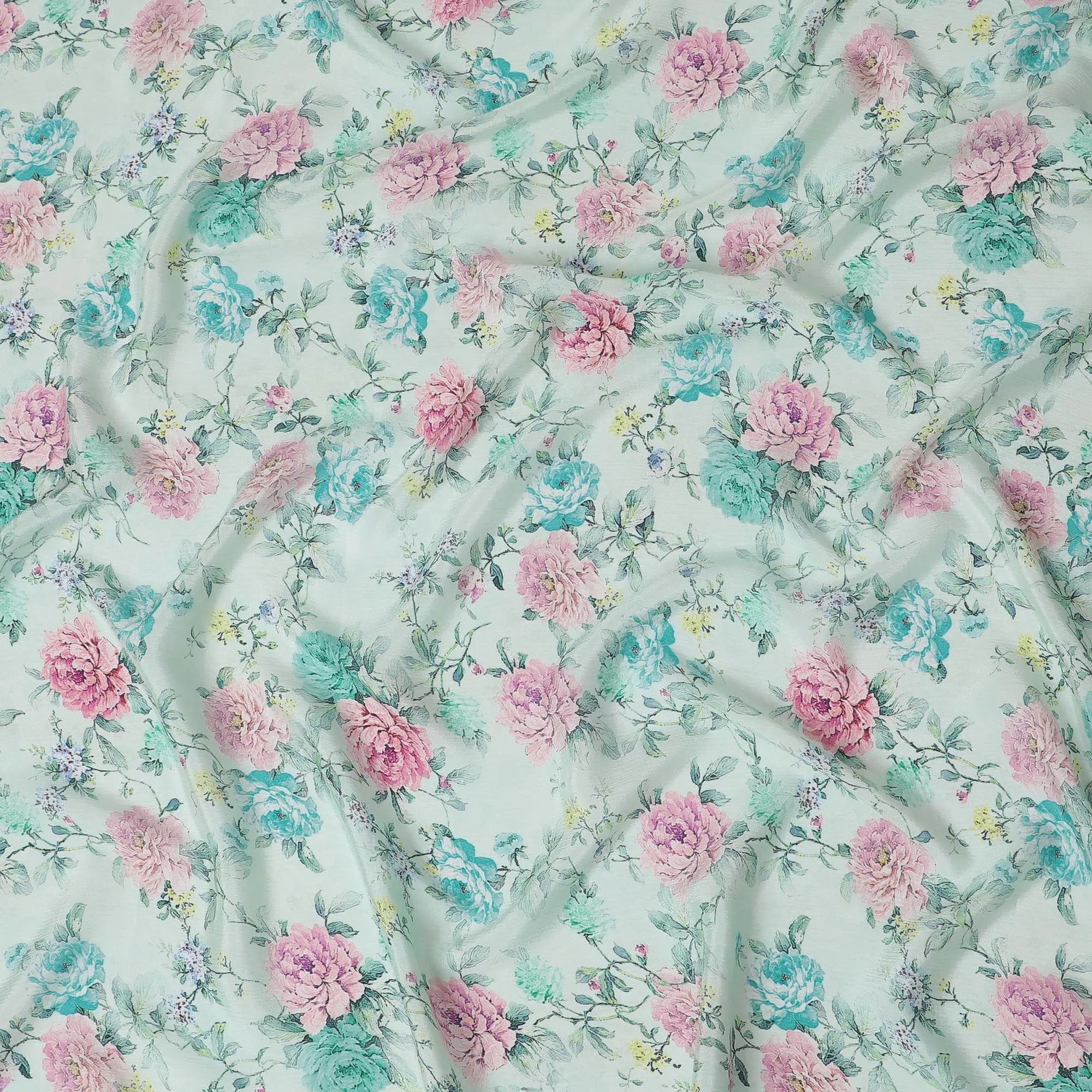 Turquoise viscose crepe fabric with multicolor print in floral design-D15699